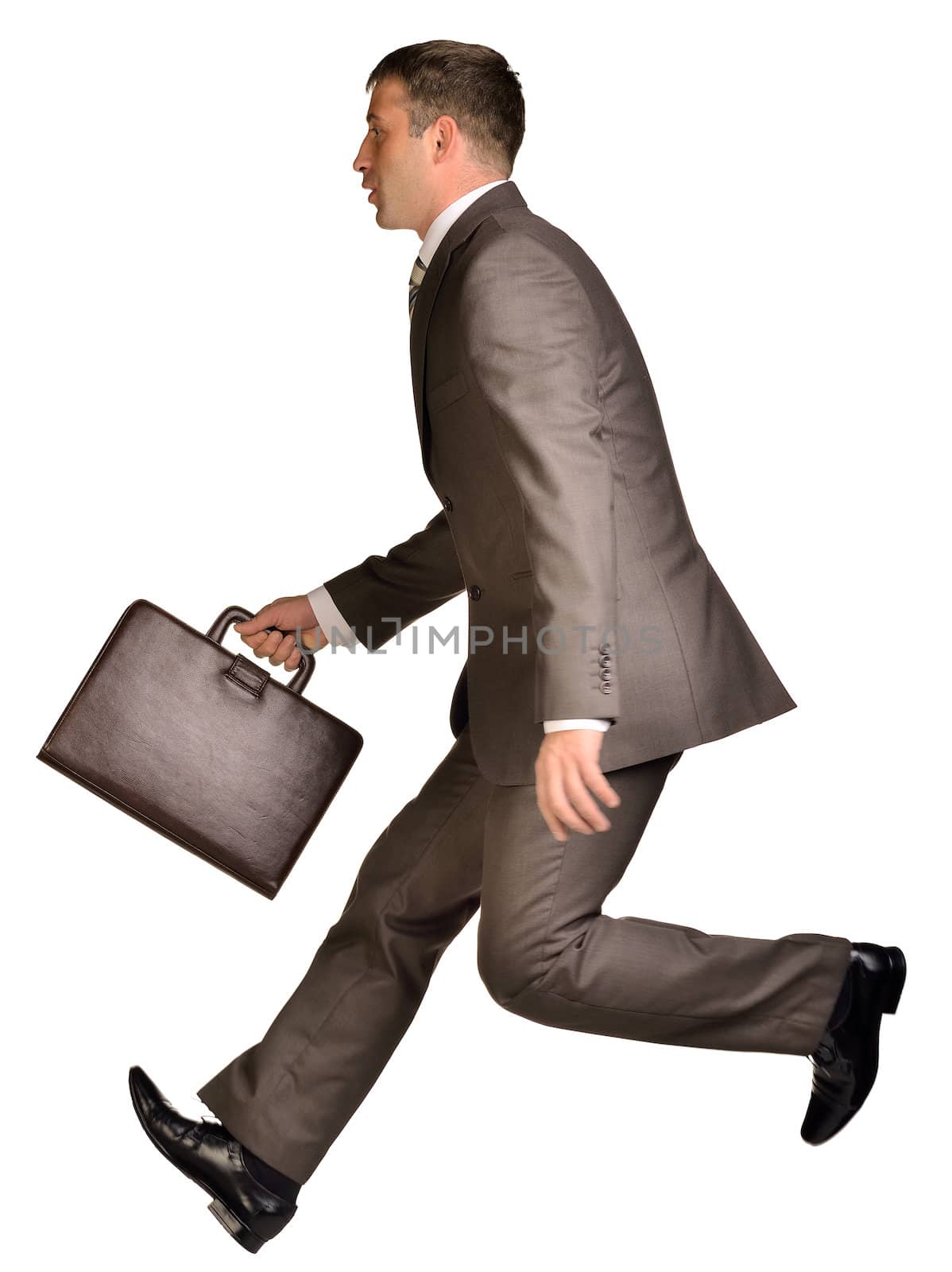 Businessman running with a briefcase. Isolated on white background