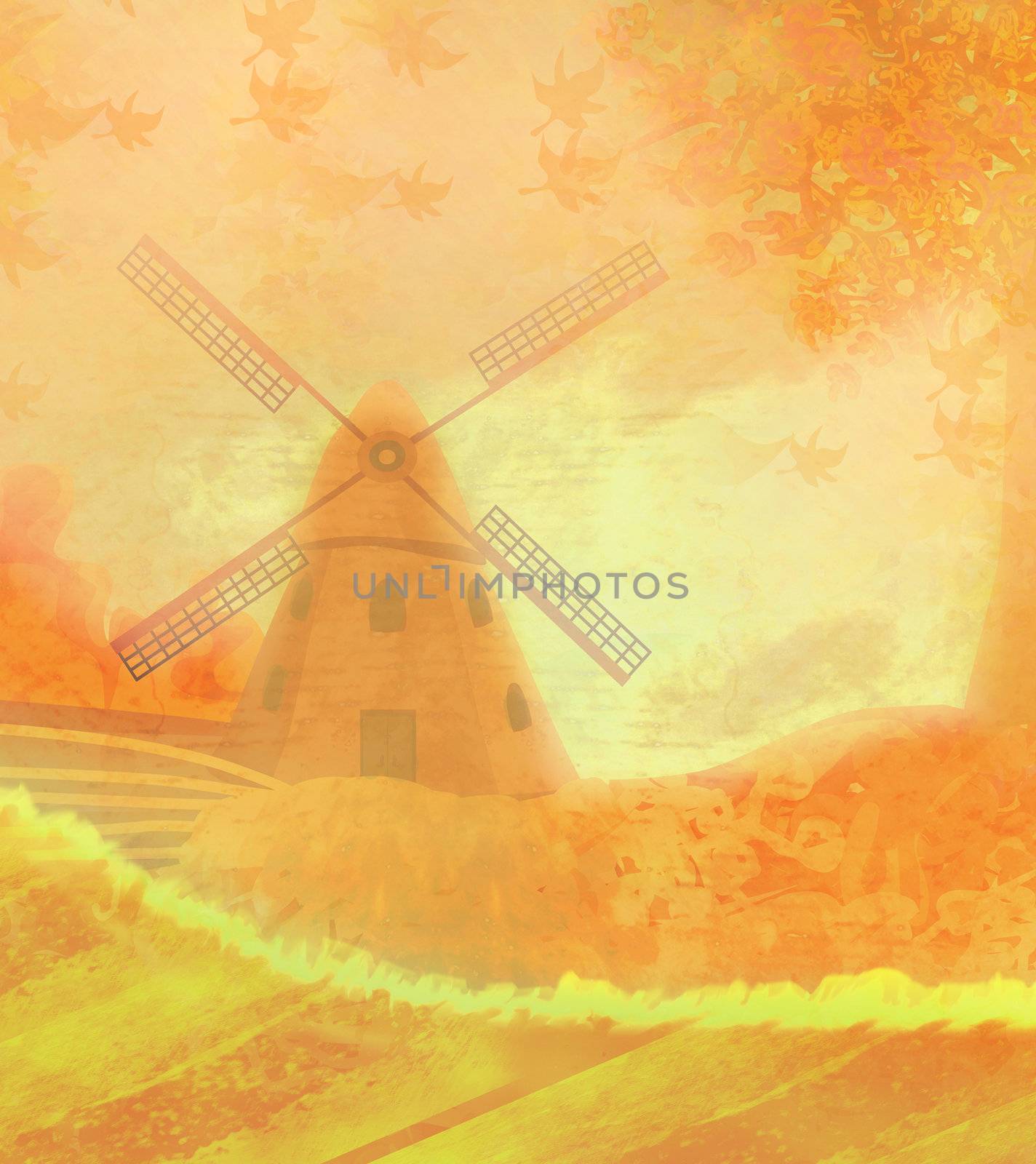 Autumn landscape with windmill.