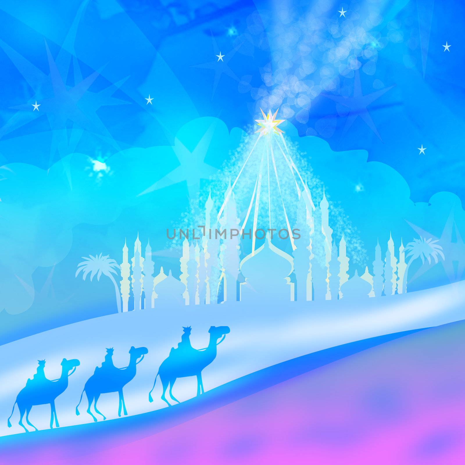 Classic three wise men scene and shining star of Bethlehem by JackyBrown