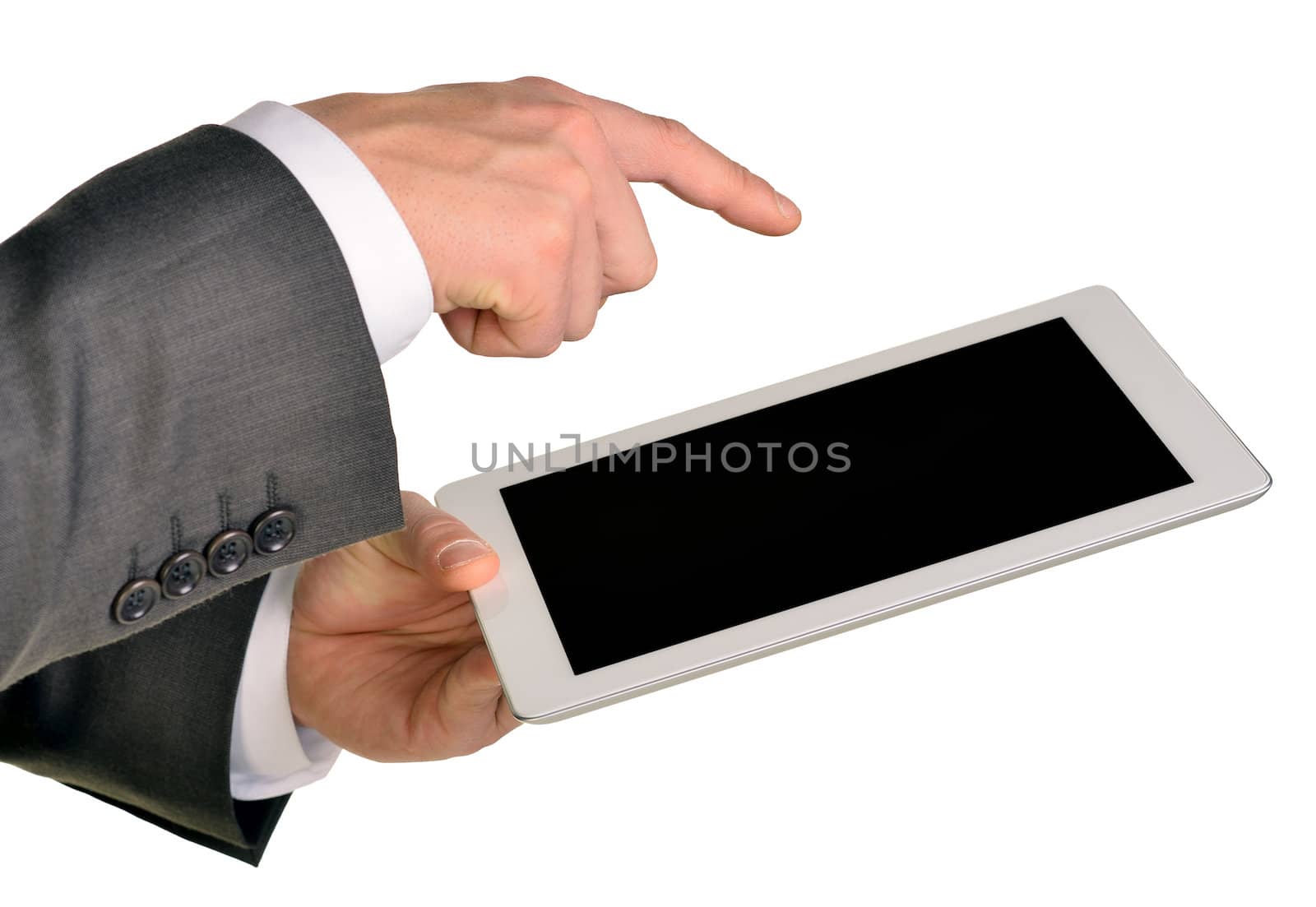 Businessman holding digital tablet, closeup. Isolated on white background