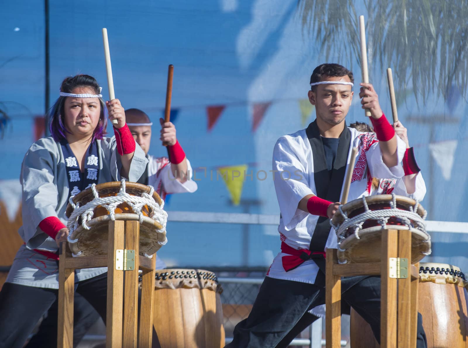 LAS VEGAS - FEB 09 : Japanese Taiko drummers perform at the Chinese New Year celebrations held in Las Vegas , Nevada on February 09 2014