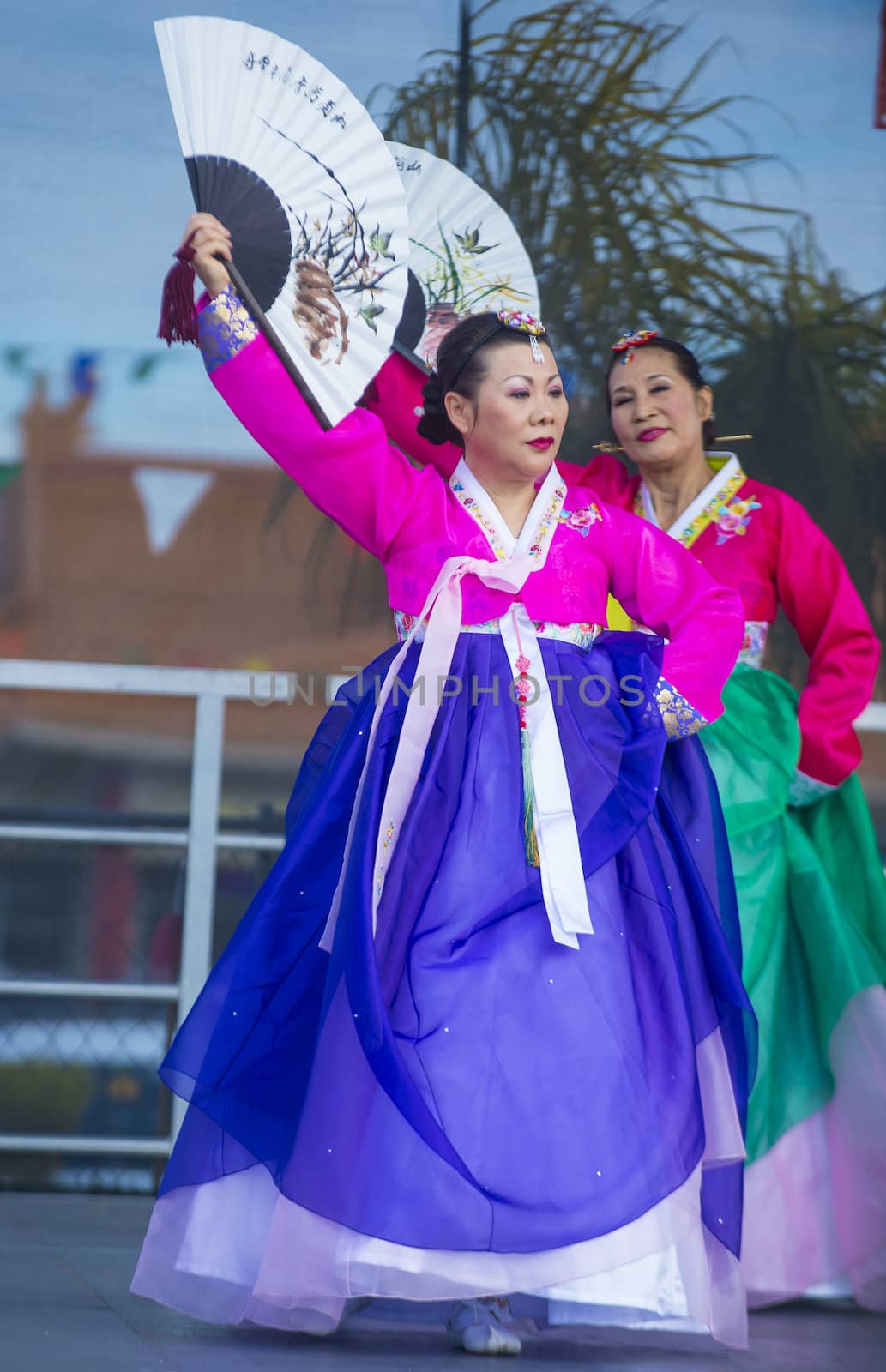 LAS VEGAS - FEB 09 : Chinese folk dancers perform at the Chinese New Year celebrations held in Las Vegas , Nevada on February 09 2014