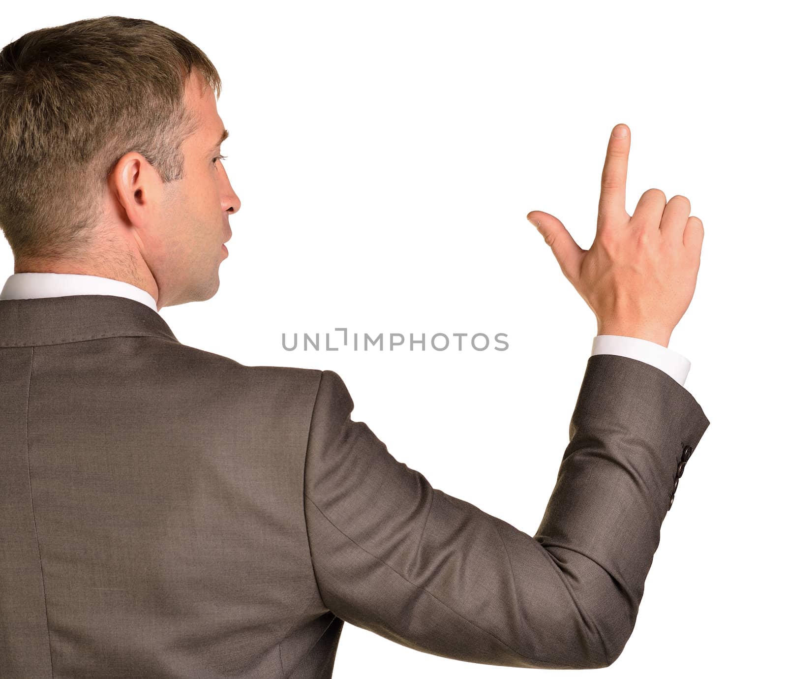 Business man pointing up finger blank copy space by cherezoff