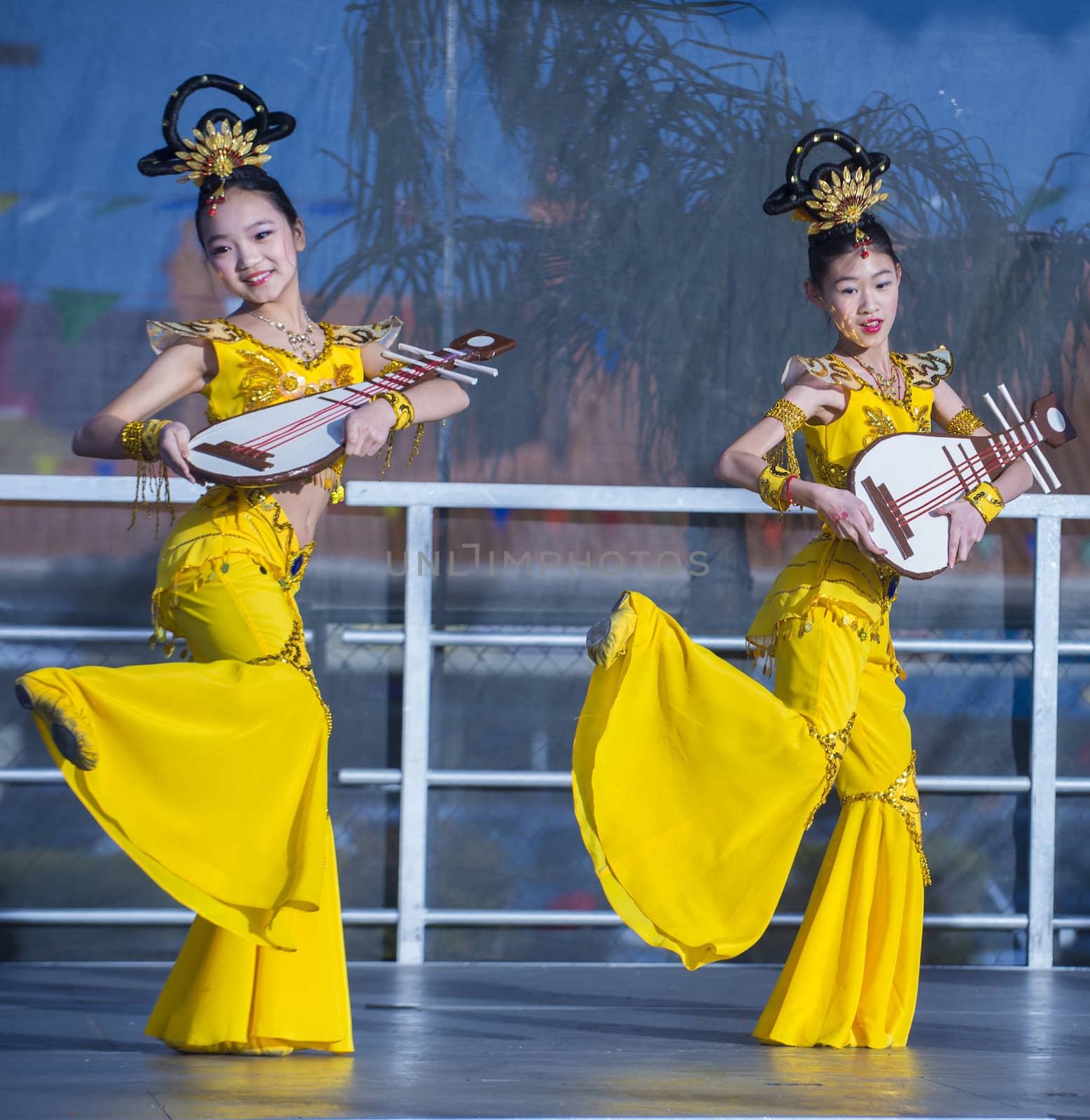 LAS VEGAS - FEB 09 : Chinese folk dancers perform at the Chinese New Year celebrations held in Las Vegas , Nevada on February 09 2014