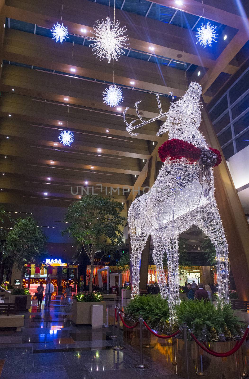 LAS VEGAS - JAN 13 : holiday light installation at Aria hotel in Las Vegas on January 13 2014. The Aria was opened on 2009 and is the world's largest hotel to receive LEED Gold certification