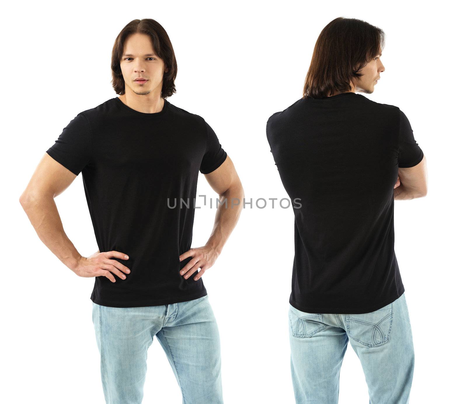 Photo of a muscular man wearing blank black t-shirt, front and back. Ready for your design or artwork.