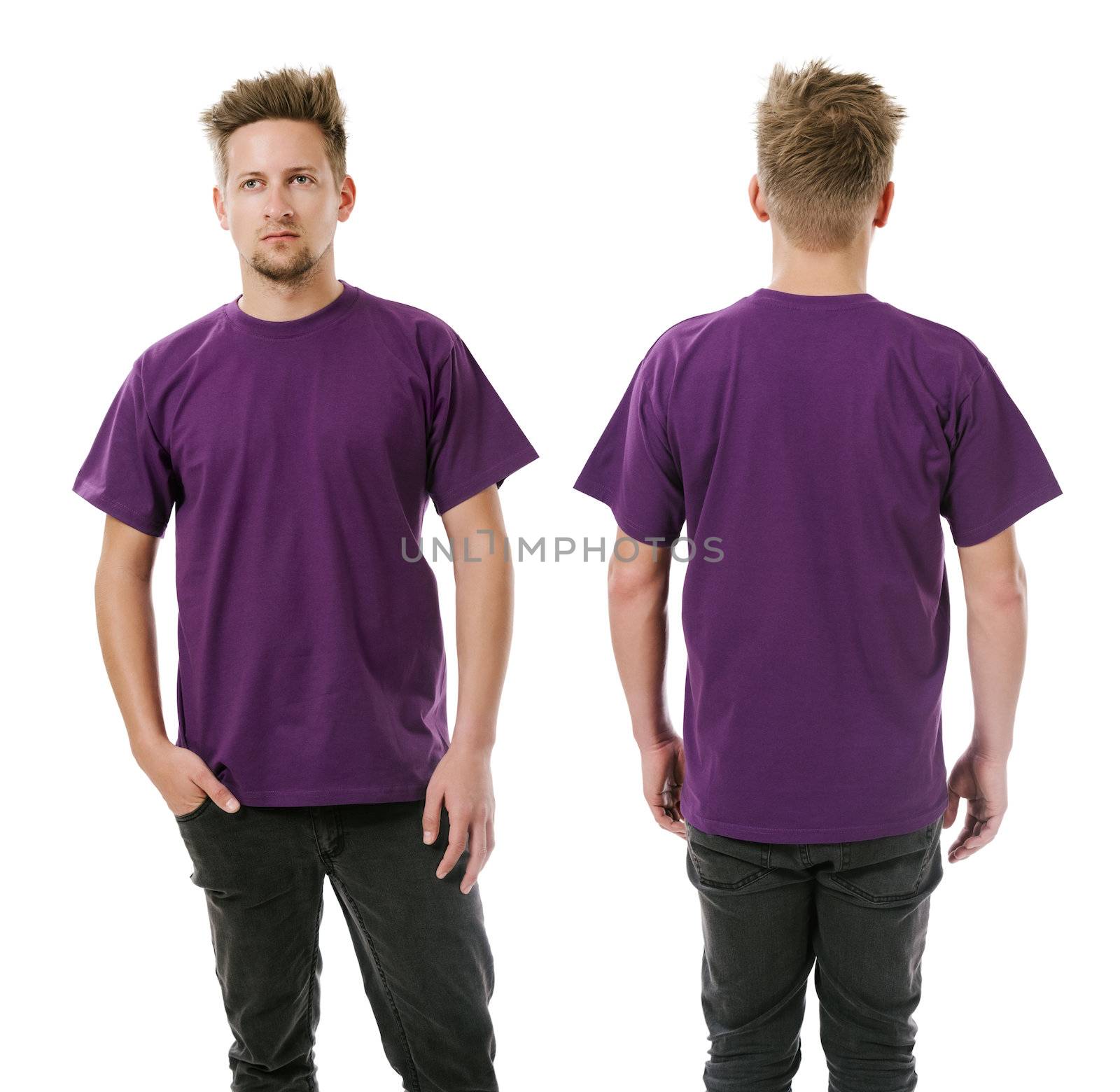 Man posing with blank purple shirt by sumners