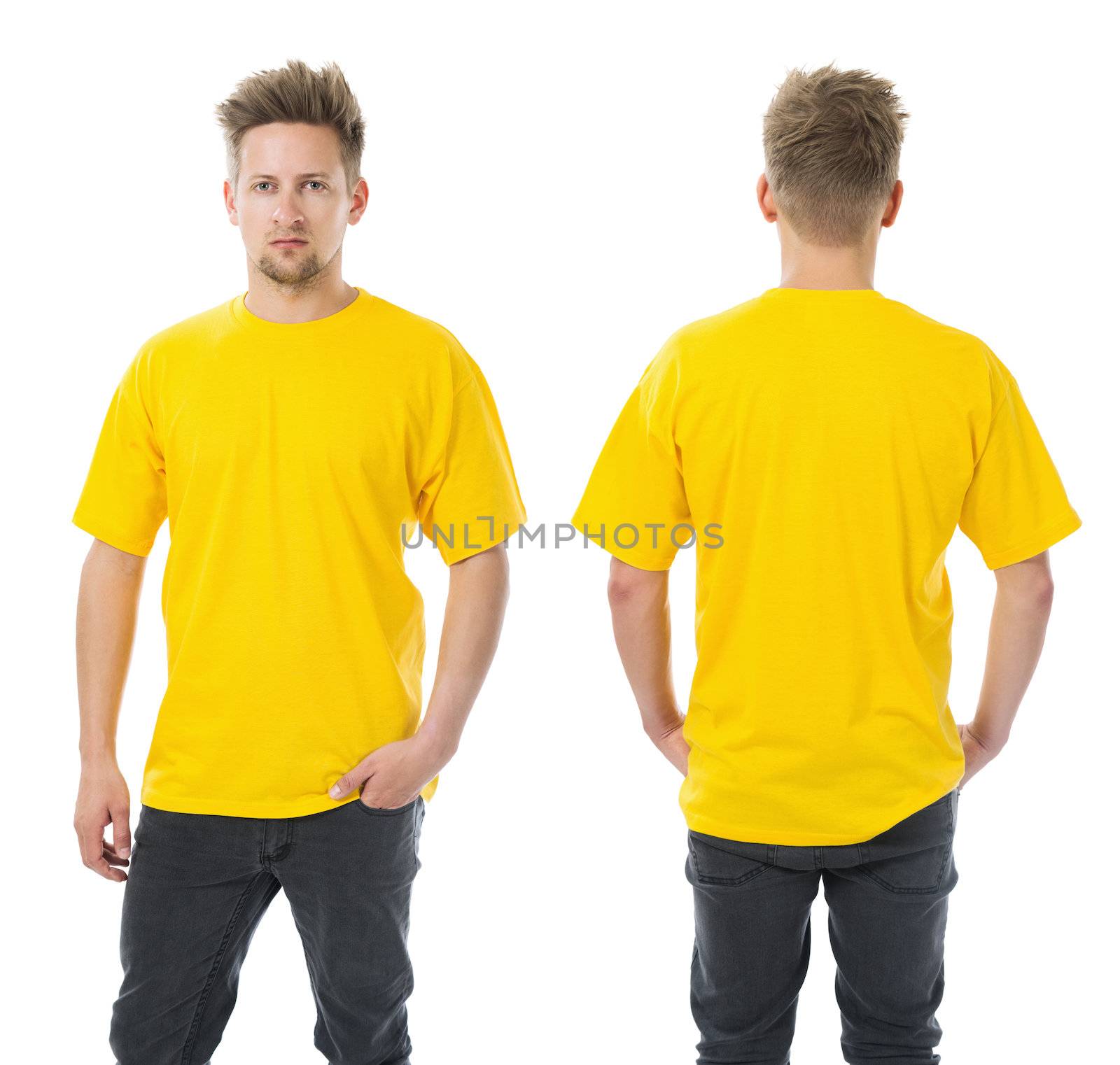 Photo of a man wearing blank yellow t-shirt, front and back. Ready for your design or artwork.