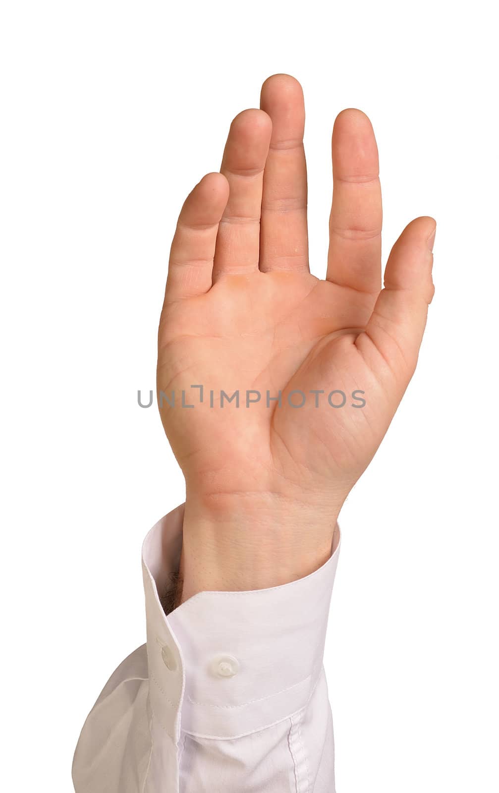 Businessman hand to hold card, mobile phone or other palm gadget. Isolated on white