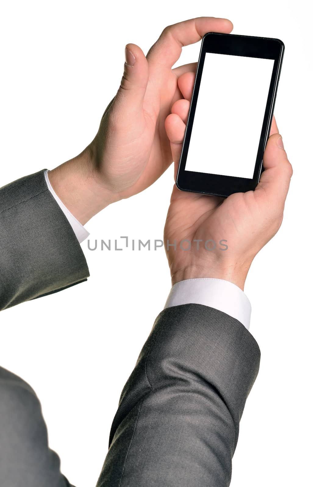 Close up of man using mobile smart phone. Isolated on white background