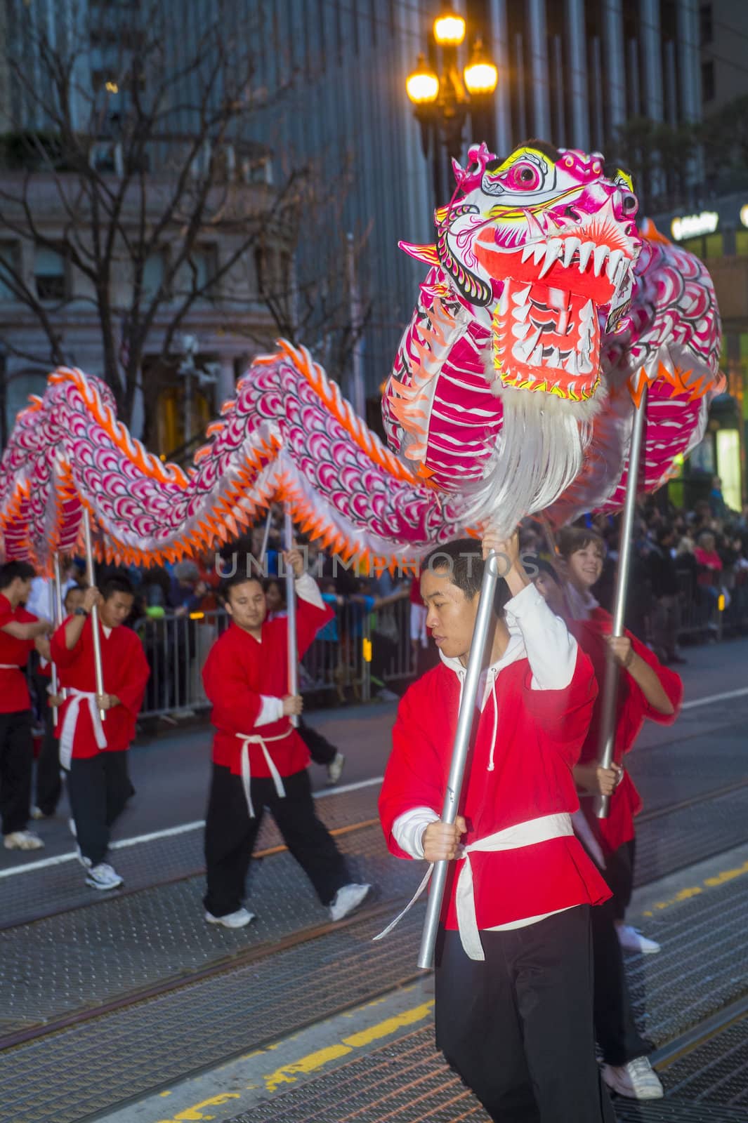 SAN FRANCISCO - FEB 15 : An unidentified participants in a Dragon dance during the Chinese New Year Parade in San Francisco , California on February 15 2014 , It is the largest Asian event in North America 