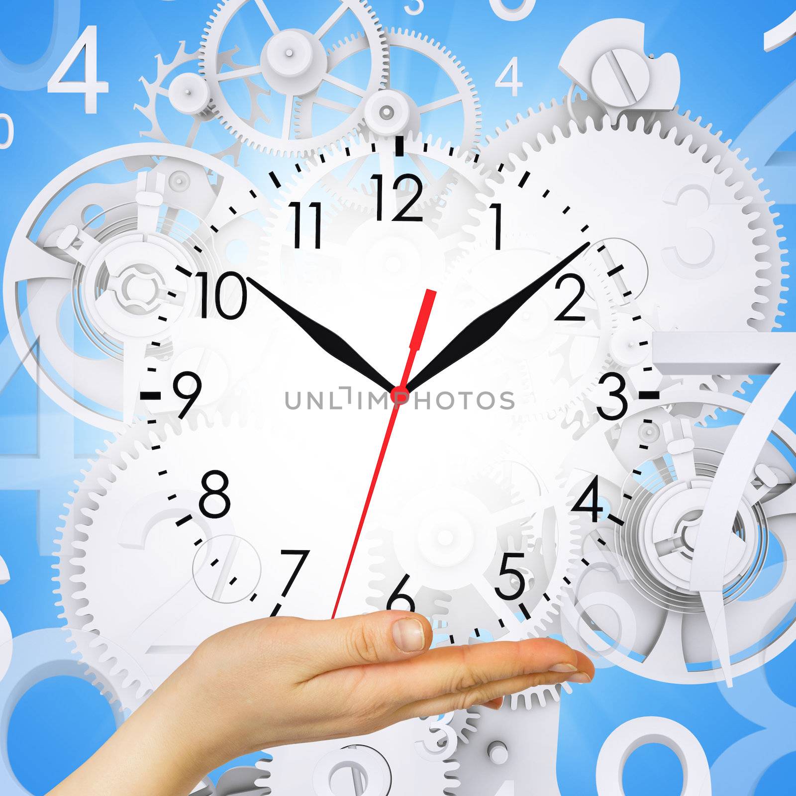 Hand hold clock with figures and gears. Blue background