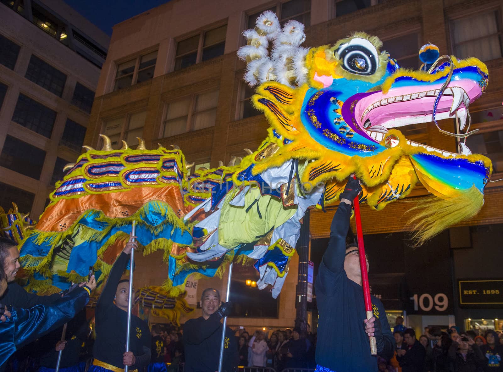 SAN FRANCISCO - FEB 15 : An unidentified participants in a Dragon dance at the Chinese New Year Parade in San Francisco , California on February 15 2014 , It is the largest Asian event in North America 