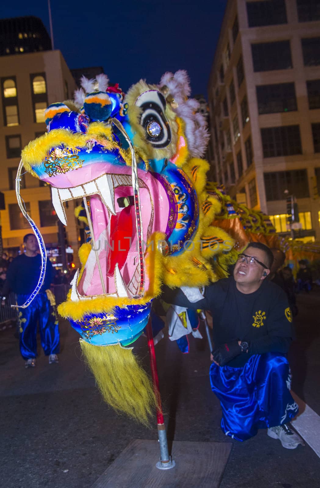 SAN FRANCISCO - FEB 15 : An unidentified participants in a Dragon dance at the Chinese New Year Parade in San Francisco , California on February 15 2014 , It is the largest Asian event in North America 