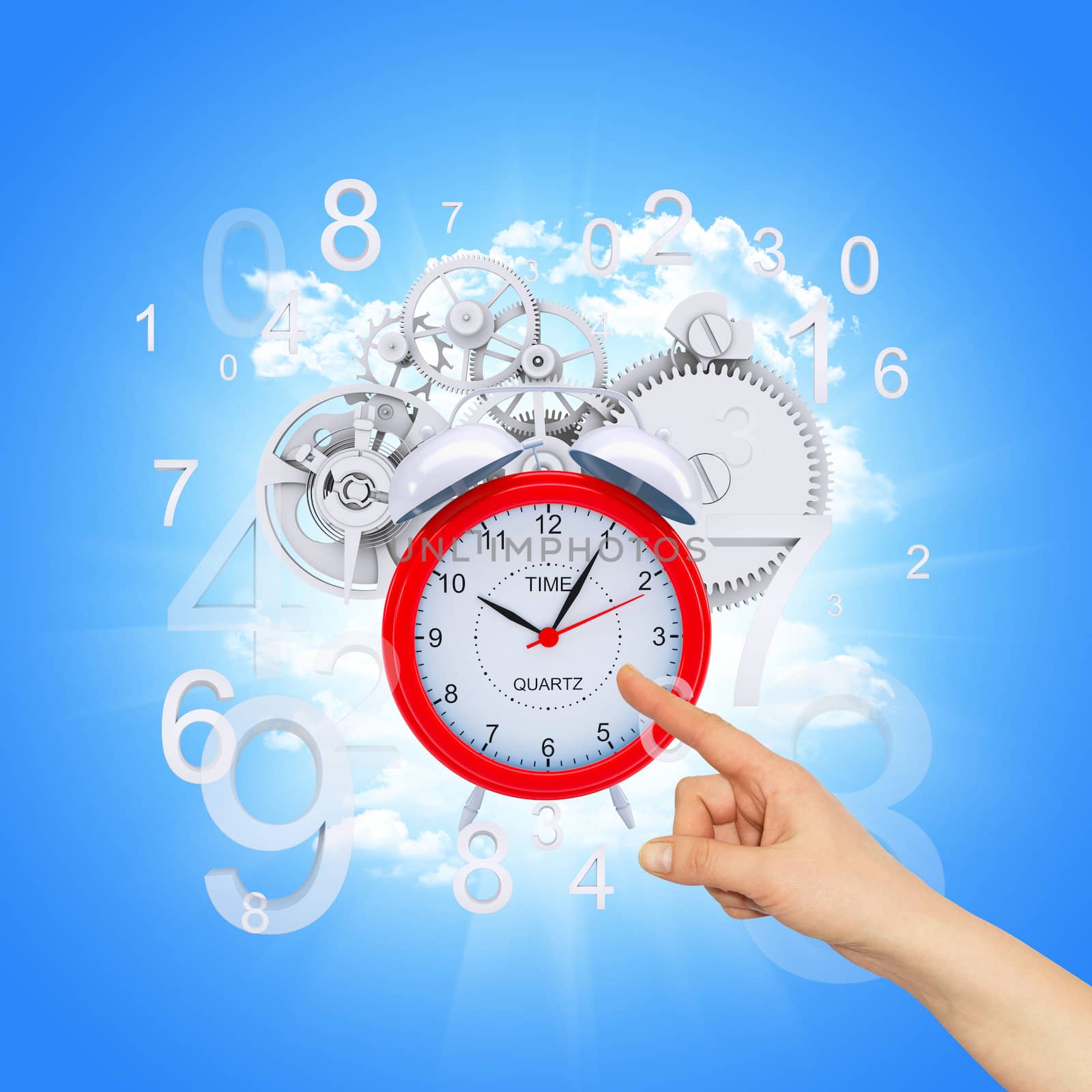 Finger points to alarm clock with figures and gears. Blue sky background