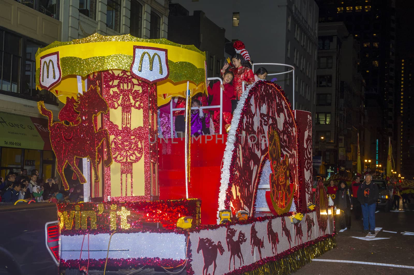 SAN FRANCISCO - FEB 15 : A parade float at the Chinese New Year Parade in San Francisco , California on February 15 2014 , It is the largest Asian event in North America 