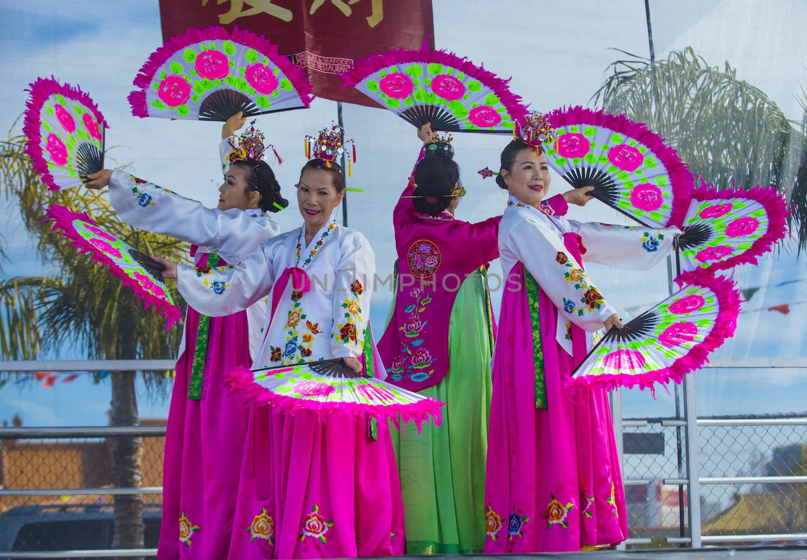 LAS VEGAS - FEB 09 : Chinese folk dancers perform at the Chinese New Year celebrations held in Las Vegas , Nevada on February 09 2014