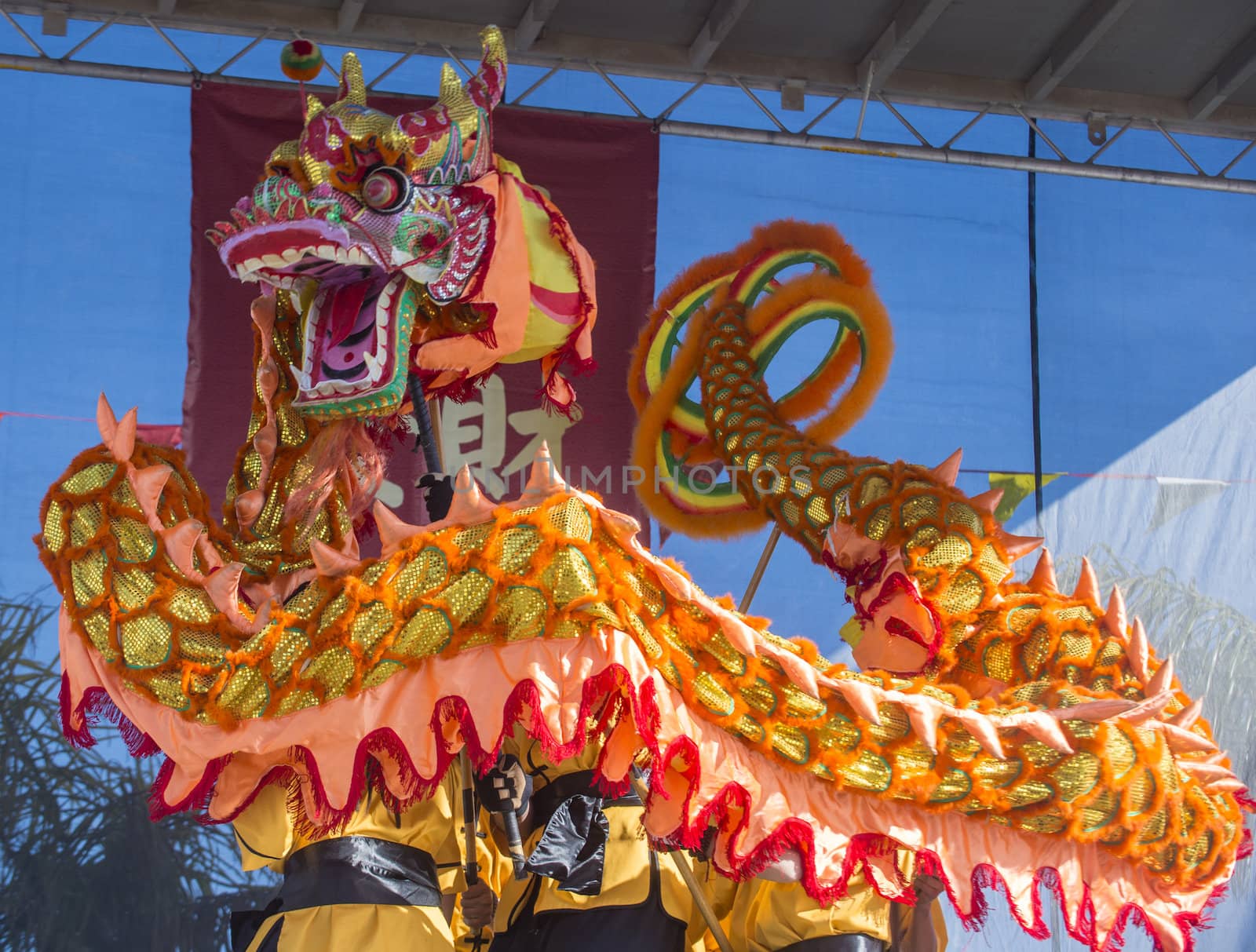 LAS VEGAS - FEB 09 : Dragon dance performers during the Chinese New Year celebrations held in Las Vegas , Nevada on February 09 2014