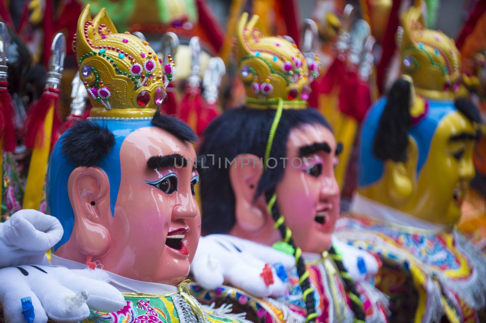 SAN FRANCISCO - FEB 15 : Traditional man-size costumes worn during parades before the beginning of the annual Chinese new year parade on February 15 2014 on San Francisco , California