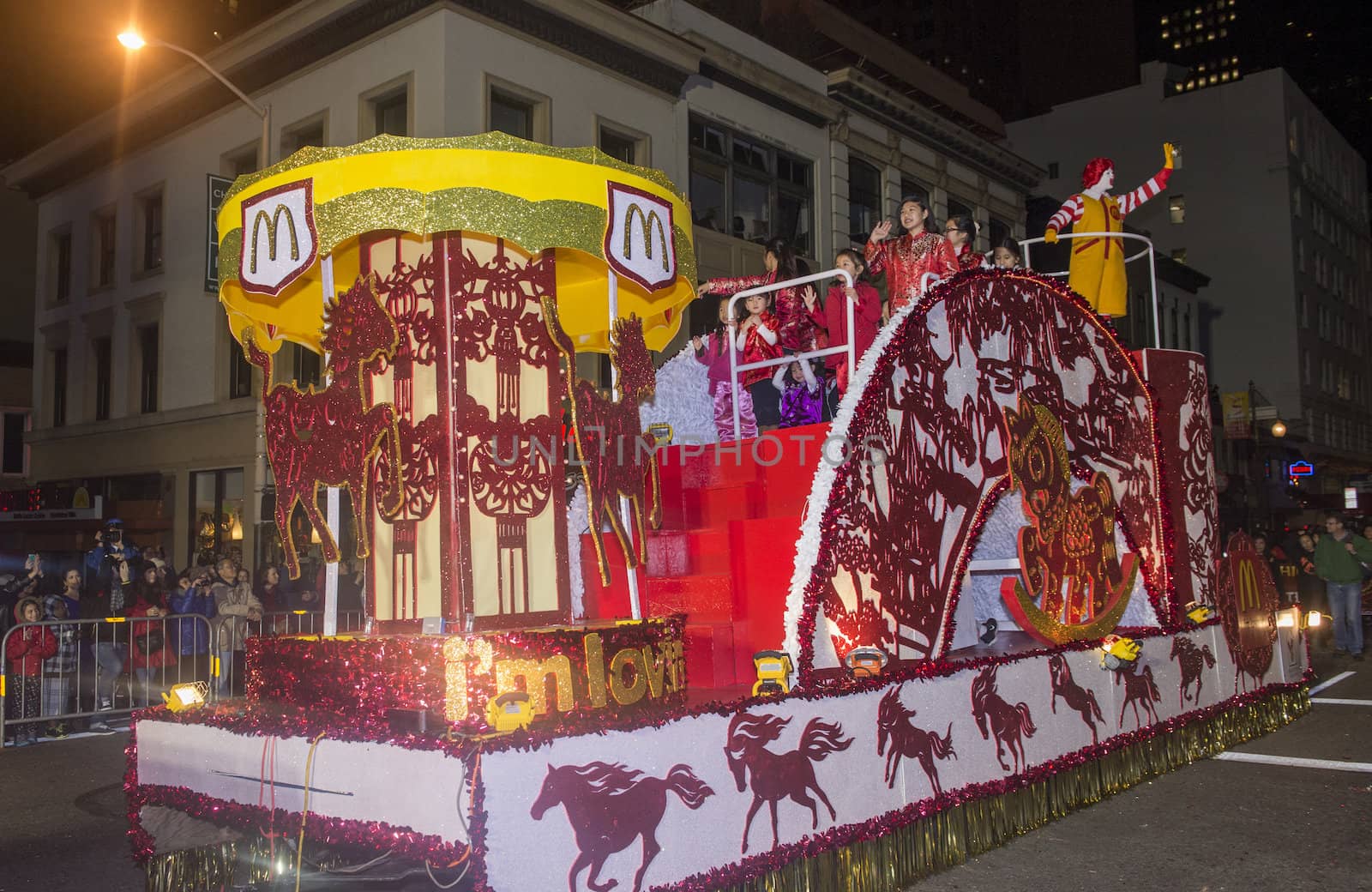 SAN FRANCISCO - FEB 15 : A parade float at the Chinese New Year Parade in San Francisco , California on February 15 2014 , It is the largest Asian event in North America 