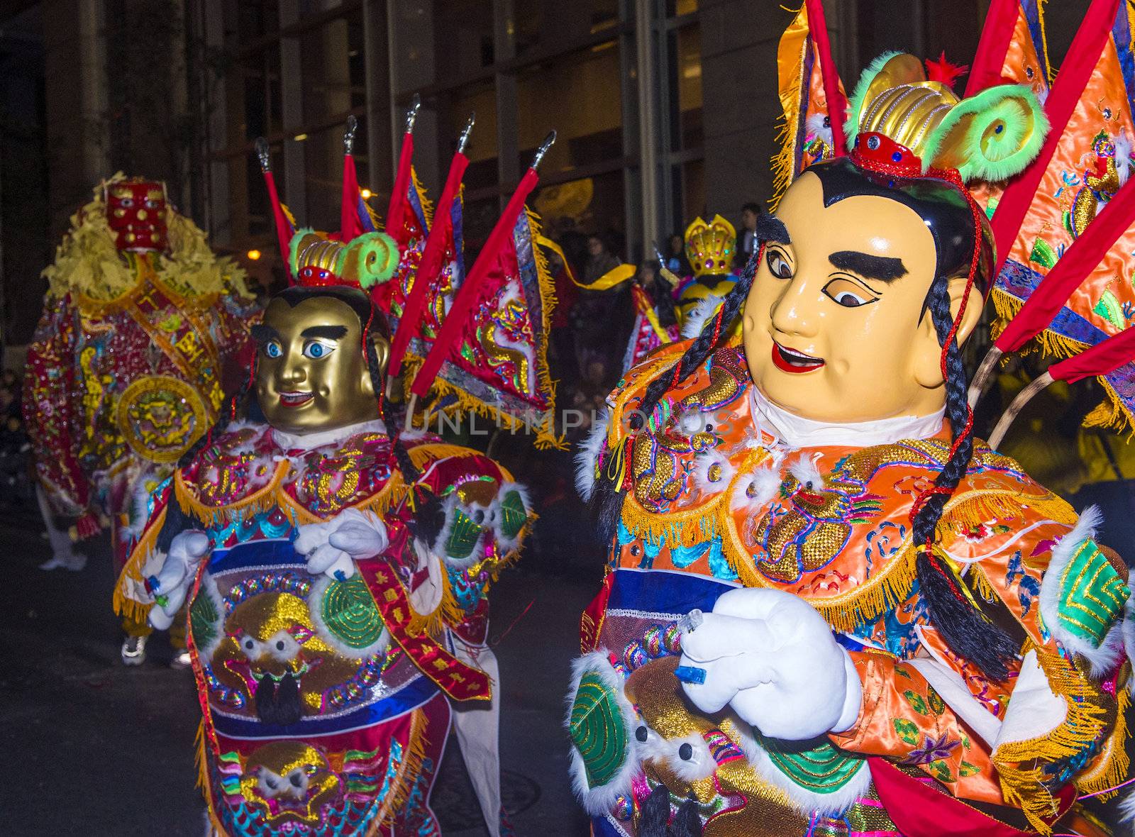 SAN FRANCISCO - FEB 15 : An unidentified participants with traditional man-size costumes at the annual Chinese new year parade on February 15 2014 on San Francisco , California