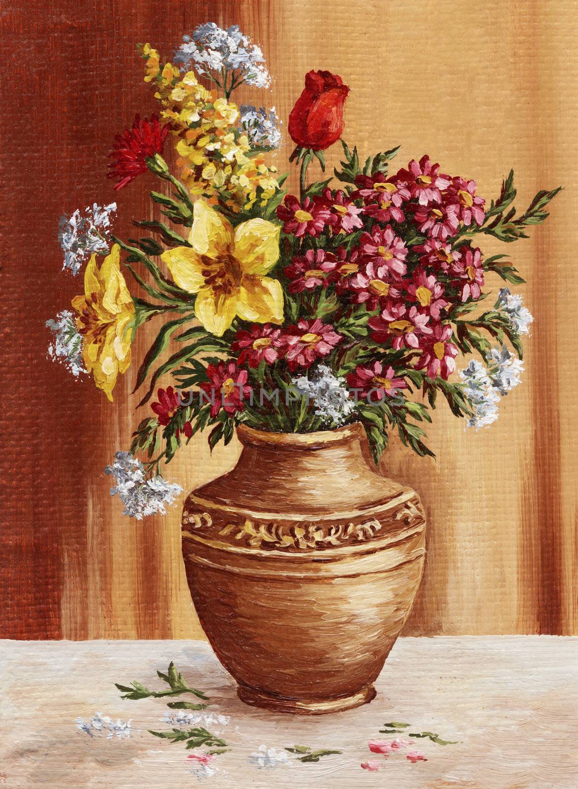 Painting, garden flowers in a clay amphora by alexcoolok