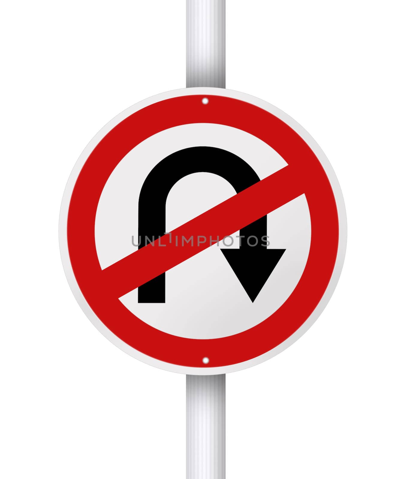 No u turn red circle traffic street sign post isolated on white background.