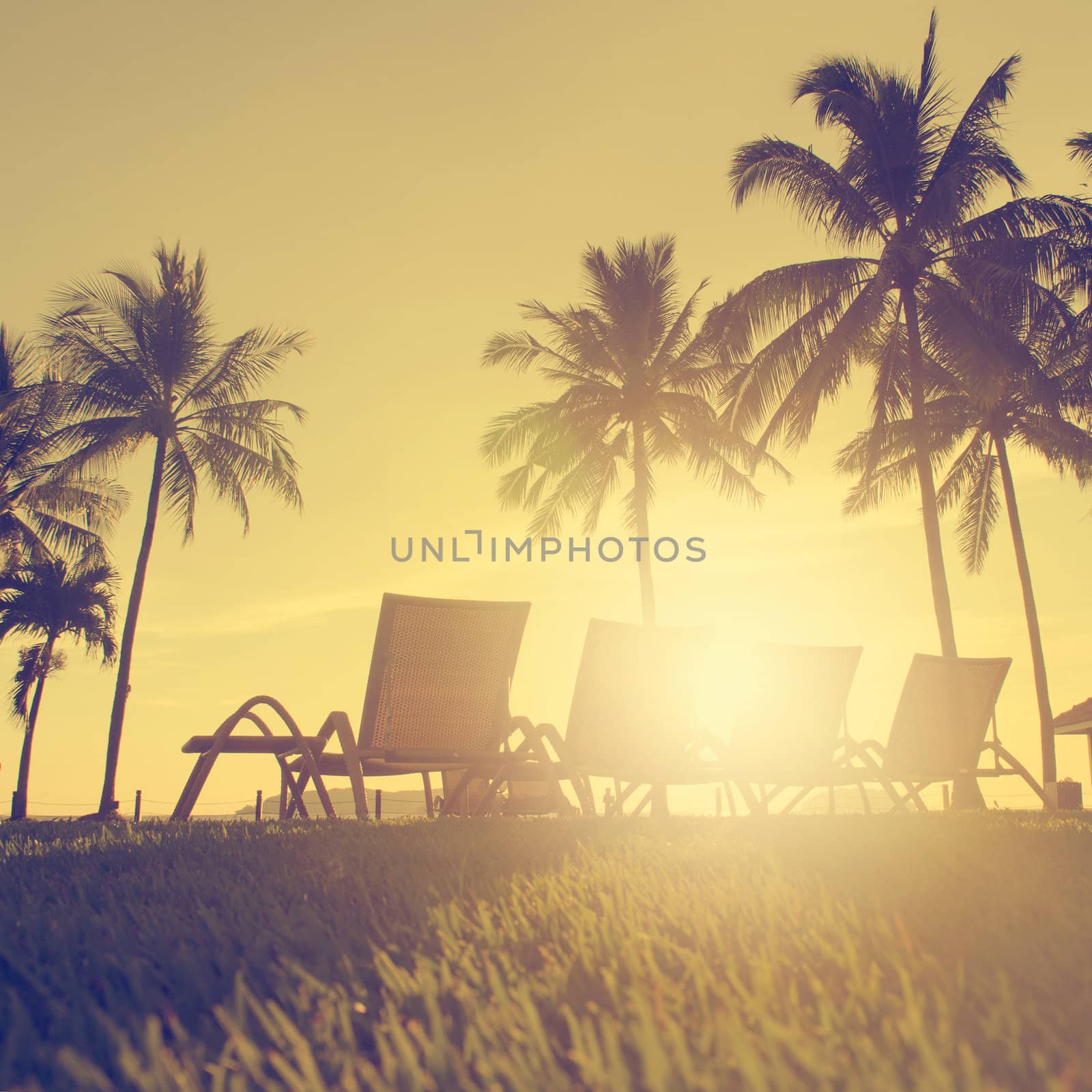 Row deckchairs on beach at sunset, with natural light flare in vintage toned. 