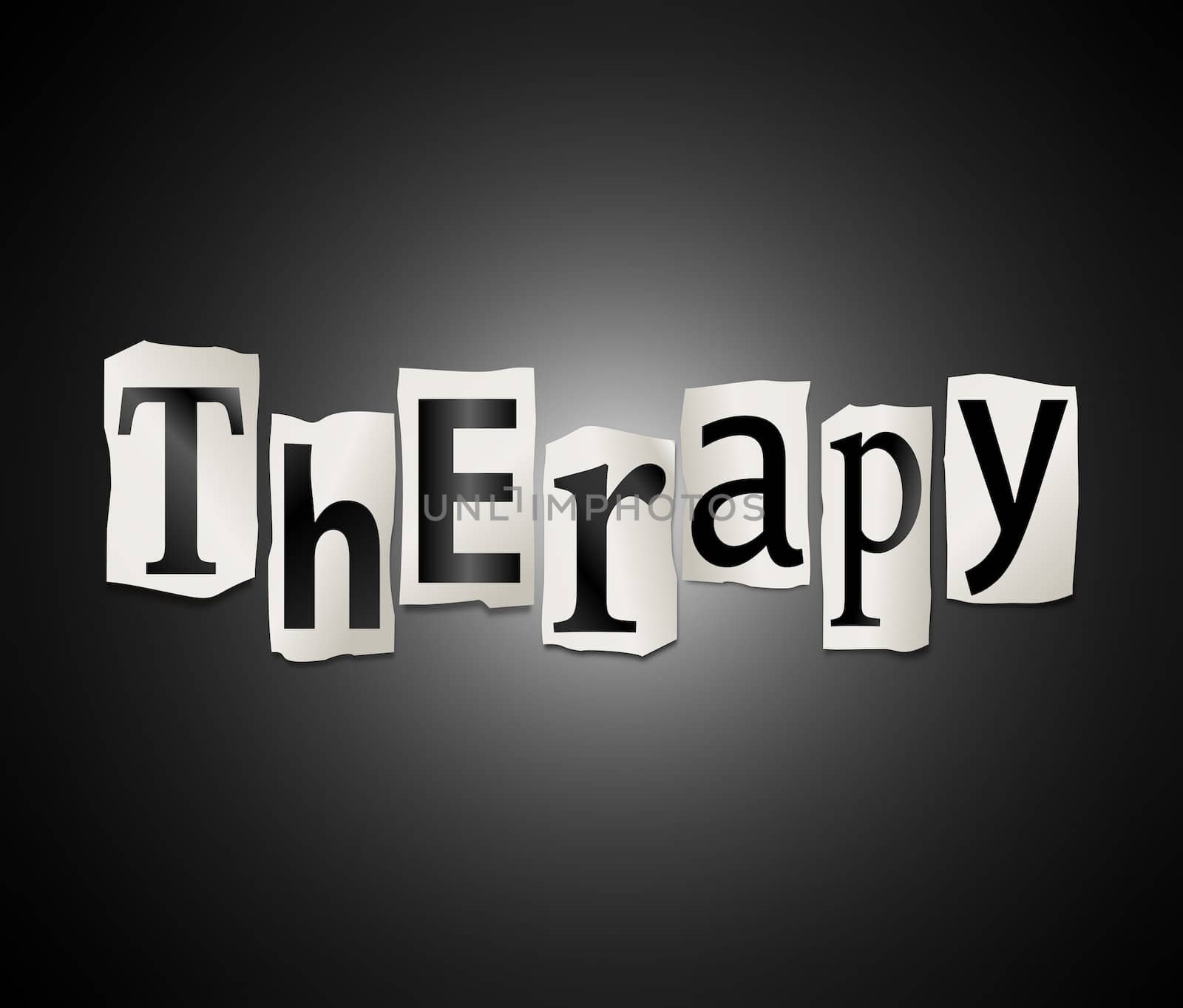 Illustration depicting a set of cut out printed letters arranged to form the word therapy.