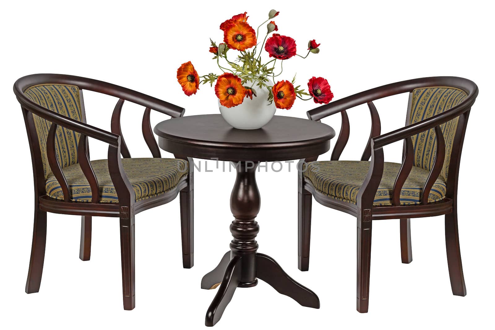 Bouquet of artificial poppies in a vase on the round table, isolated on white background
