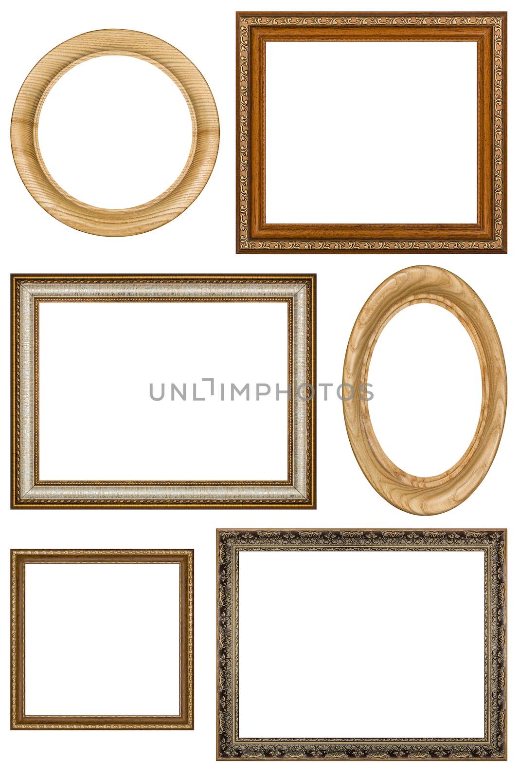 Set of 6 vintage picture frames, isolated on white background