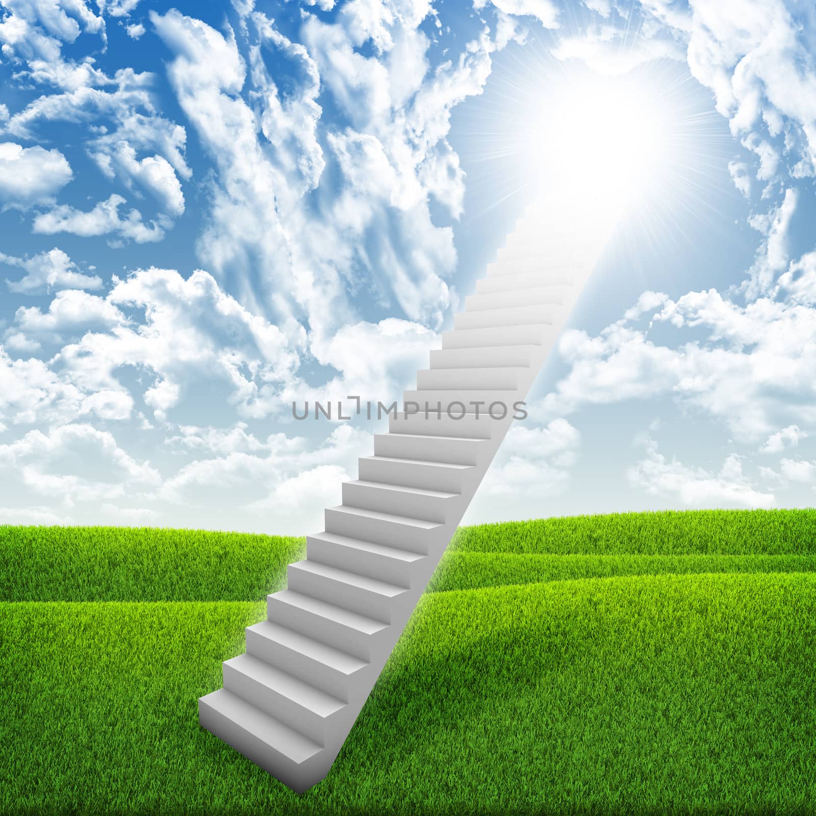 Stairs in sky with green grass, clouds and sun by cherezoff