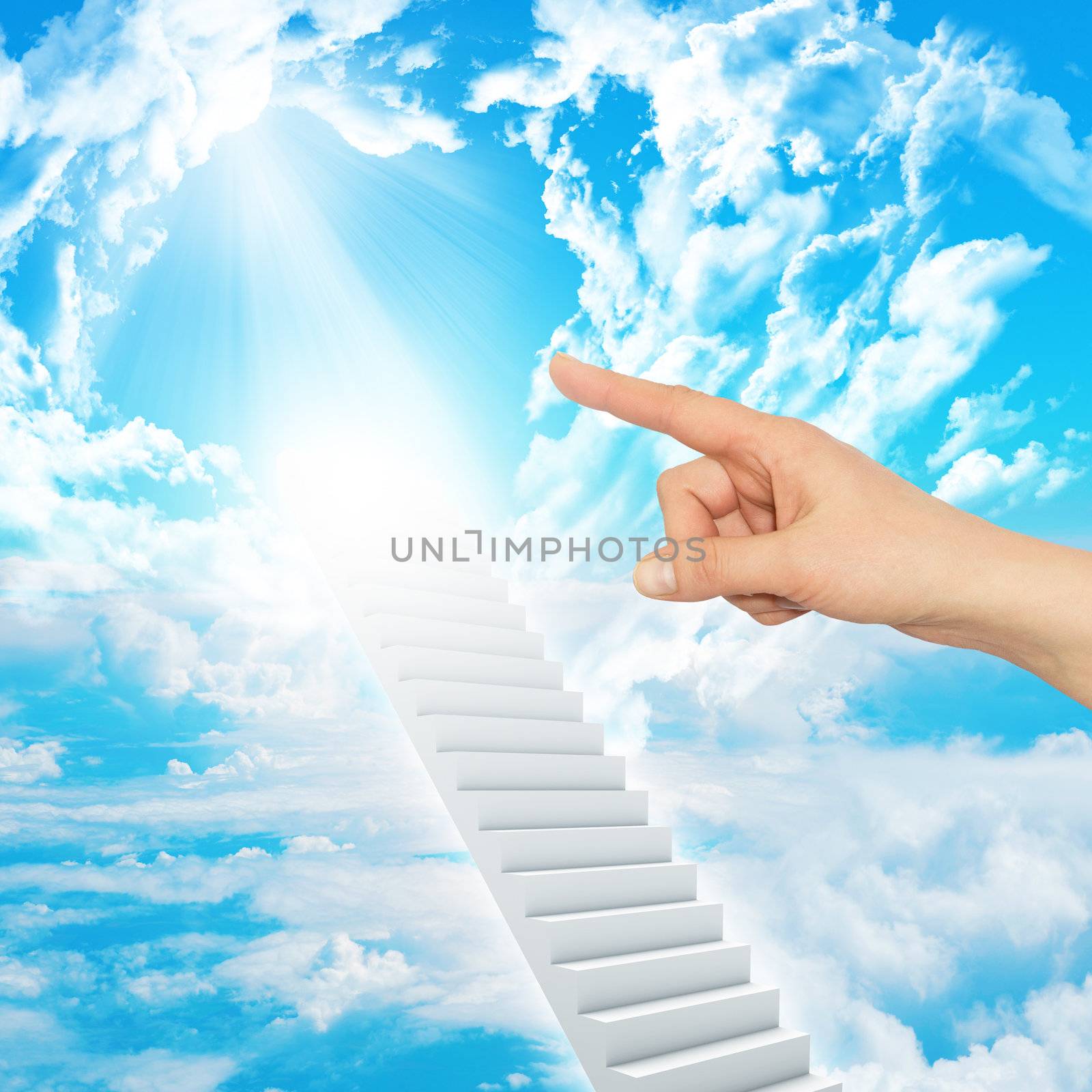 Finger indicates stairway to heaven with clouds and sun. Concept background