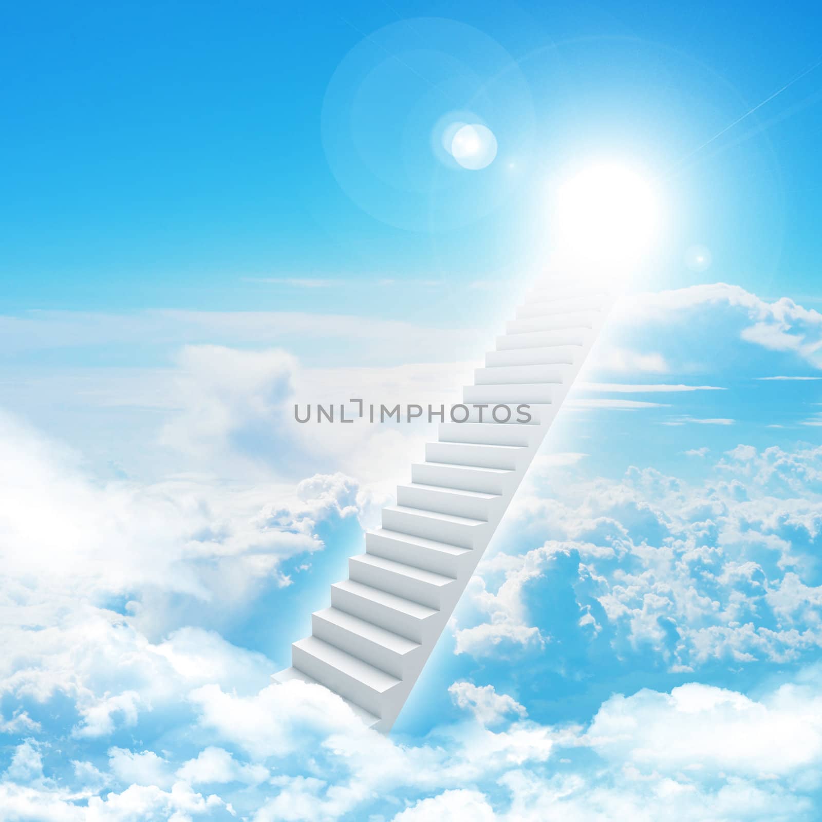 Stairs in sky with clouds and sun by cherezoff