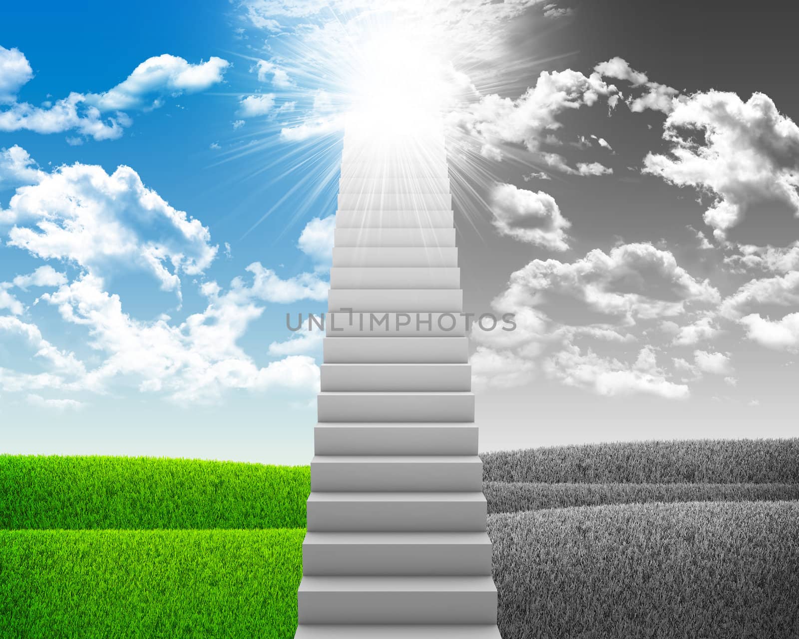 White stair with colored and gray nature landscape as backdrop