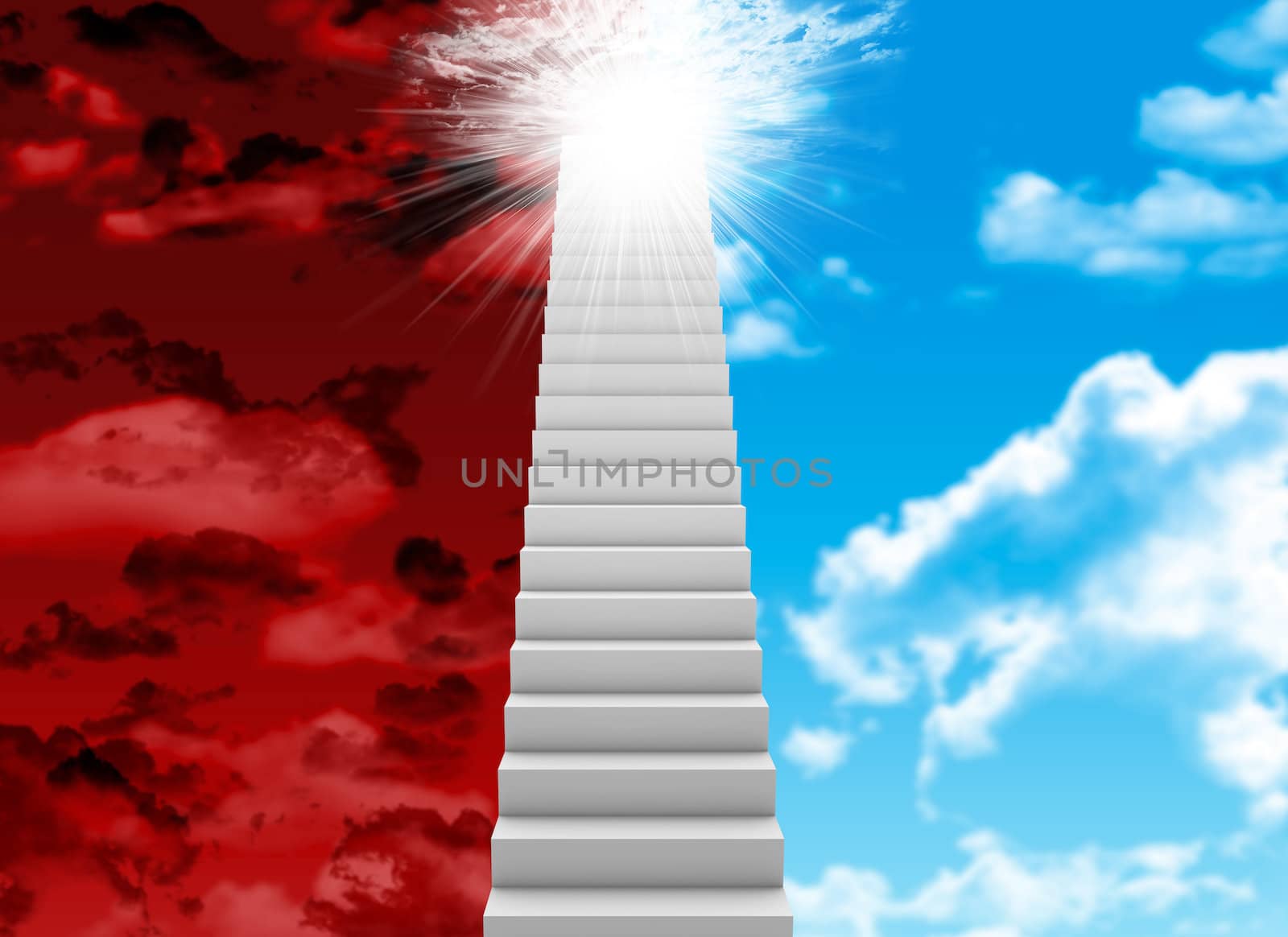 White stair with red and blue sky as backdrop