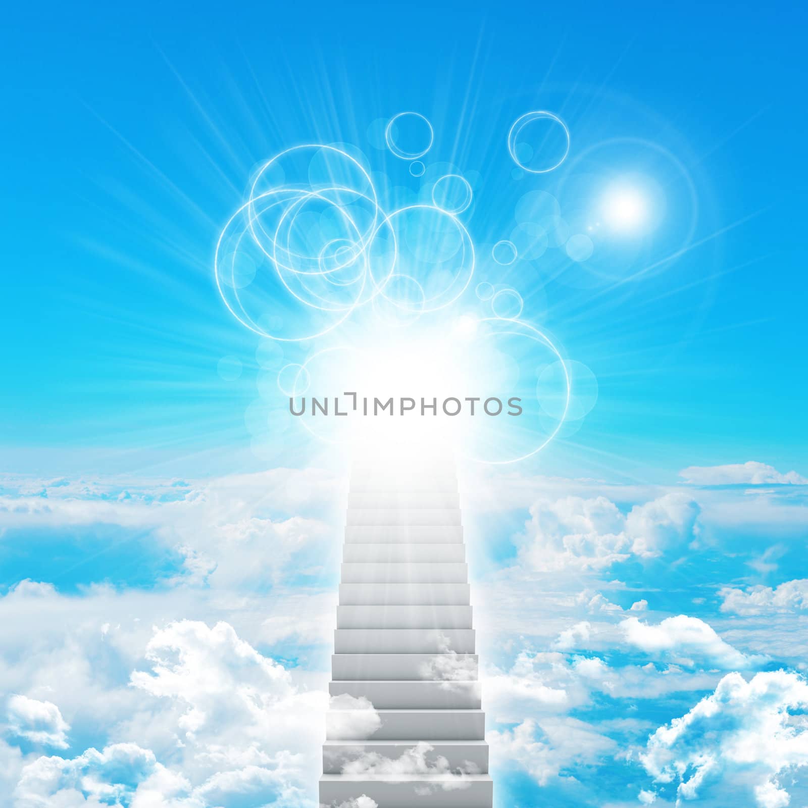 Stairs in sky with clouds and sun. Concept background