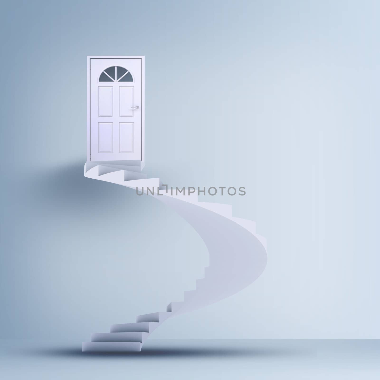 Spiral stairs and closed doors on the gray wall