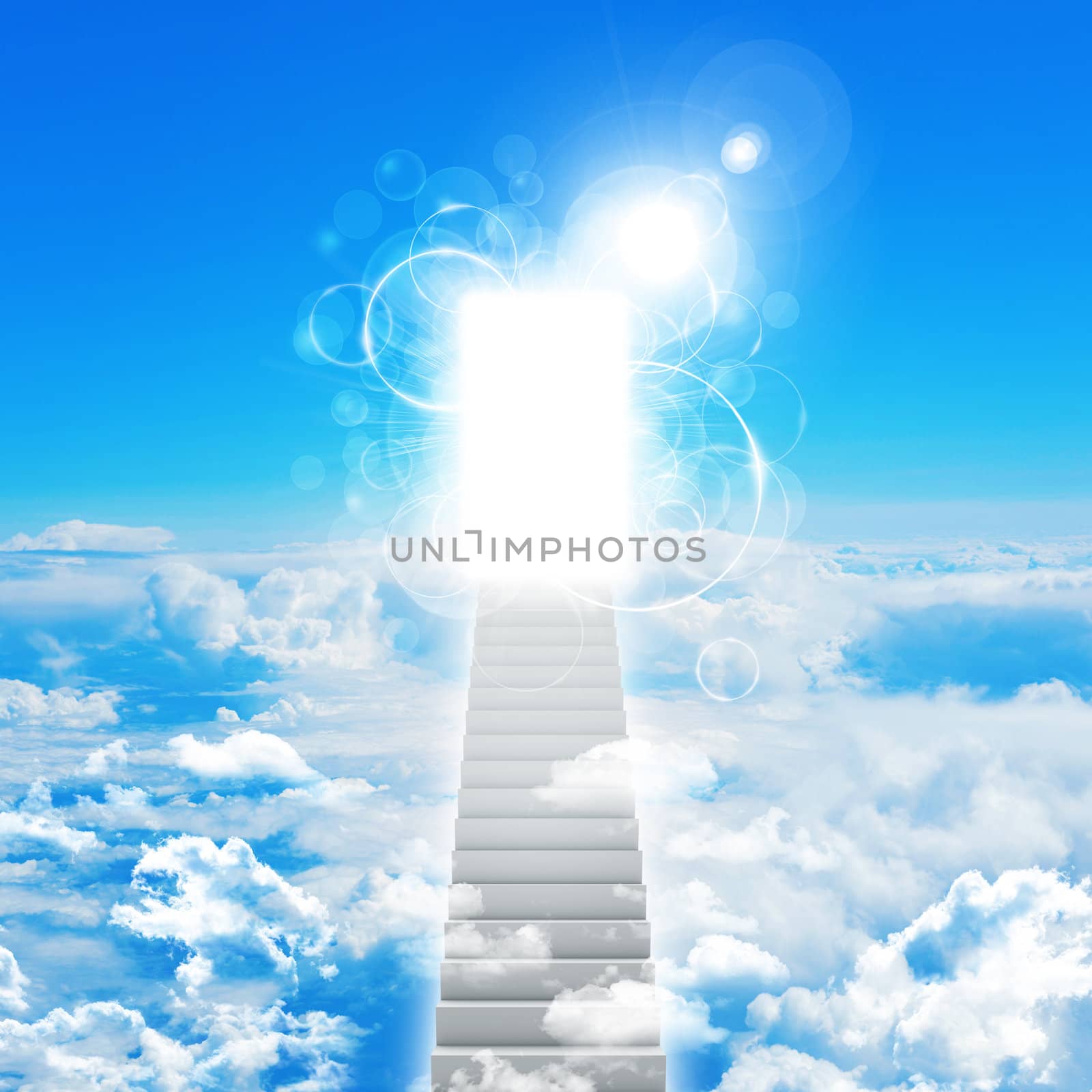 Stairs in sky with clouds and sun. Concept background