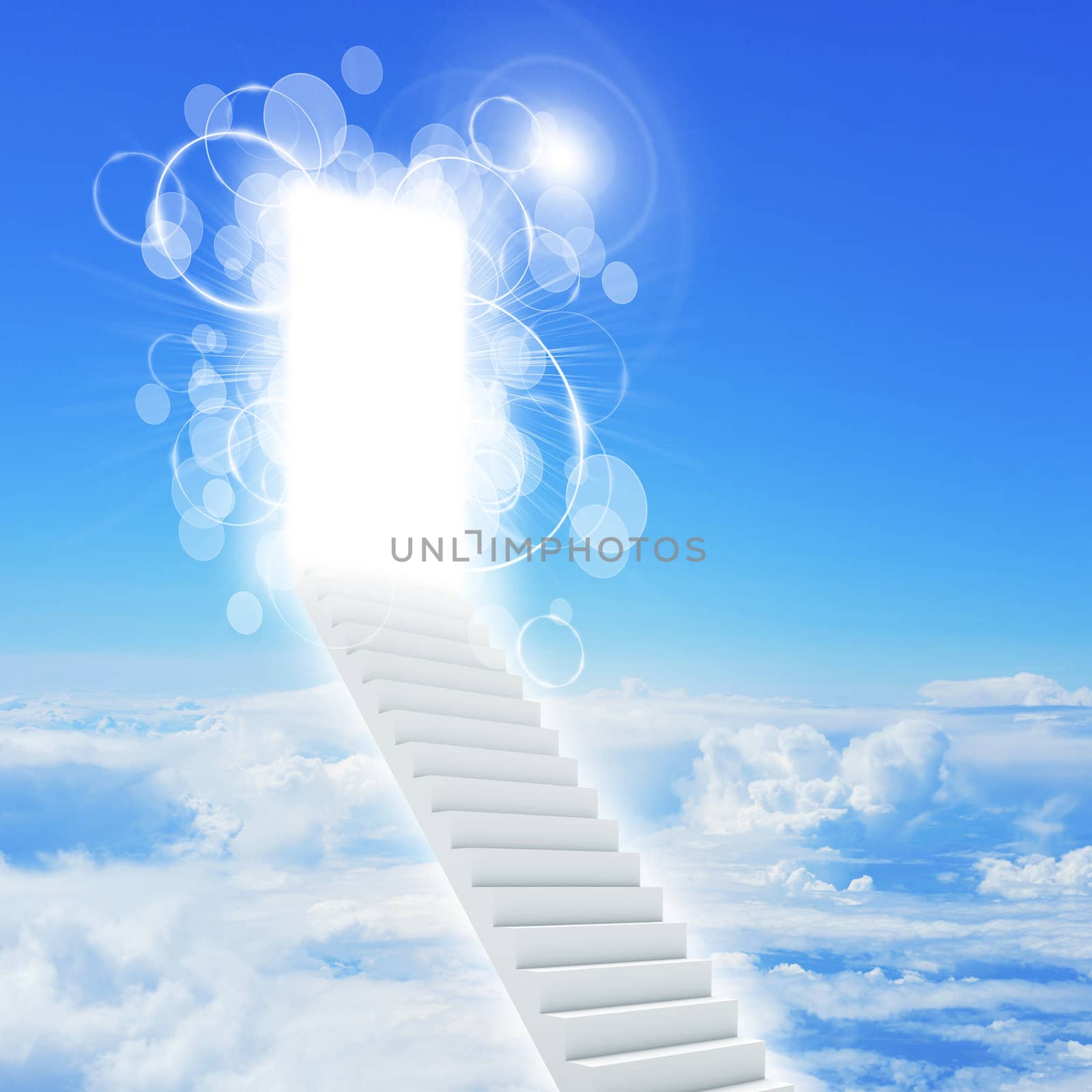 Stairs in sky with clouds and sun. Concept background