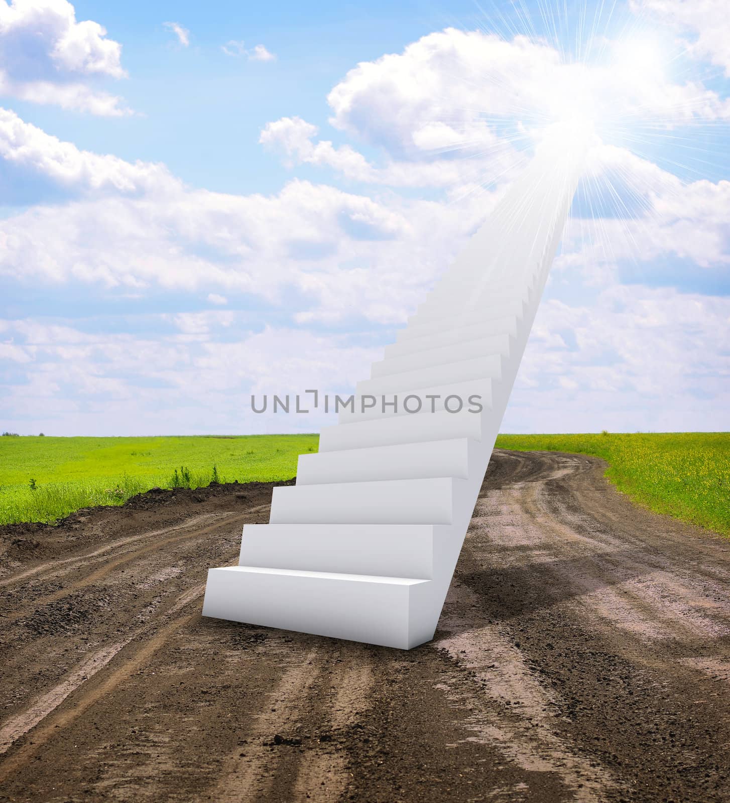 Stairs in sky with green grass, road and clouds. Concept background