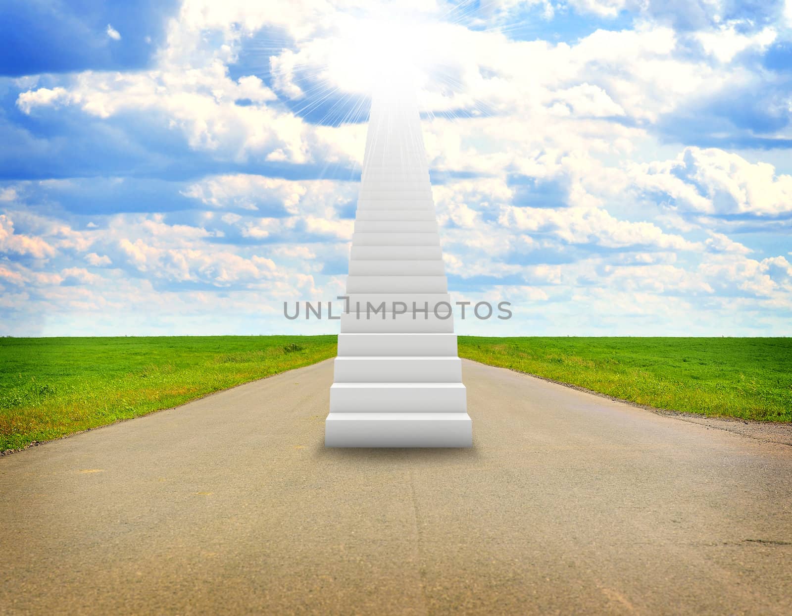 Stairs in sky with green grass, road and clouds by cherezoff