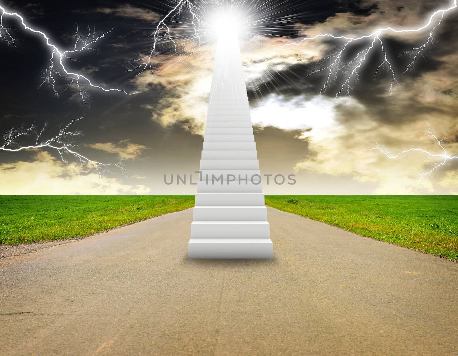 Stairs in sky with green grass, road and thunderstorm. Concept background