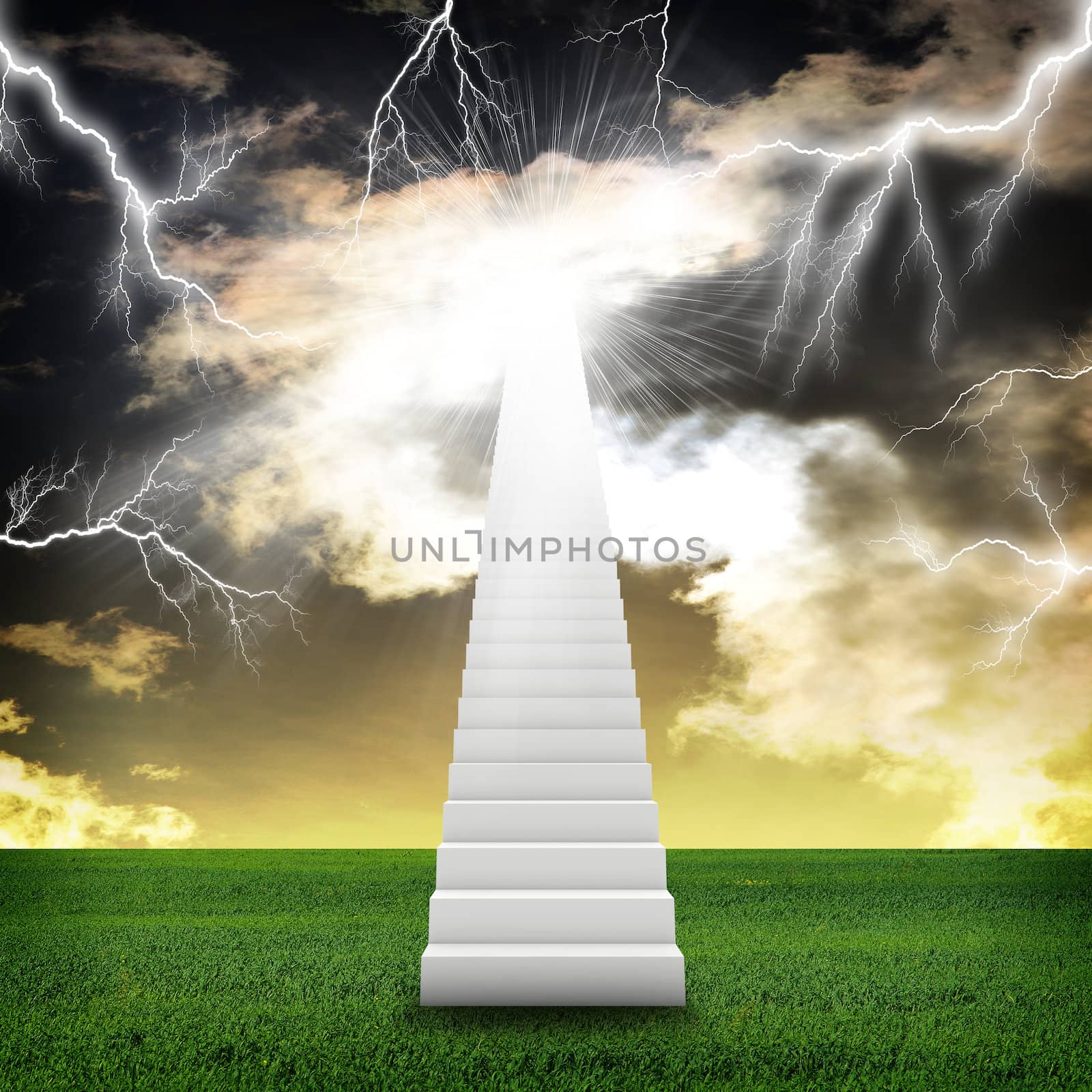 Stairs in sky with green grass and thunderstorm. Concept background