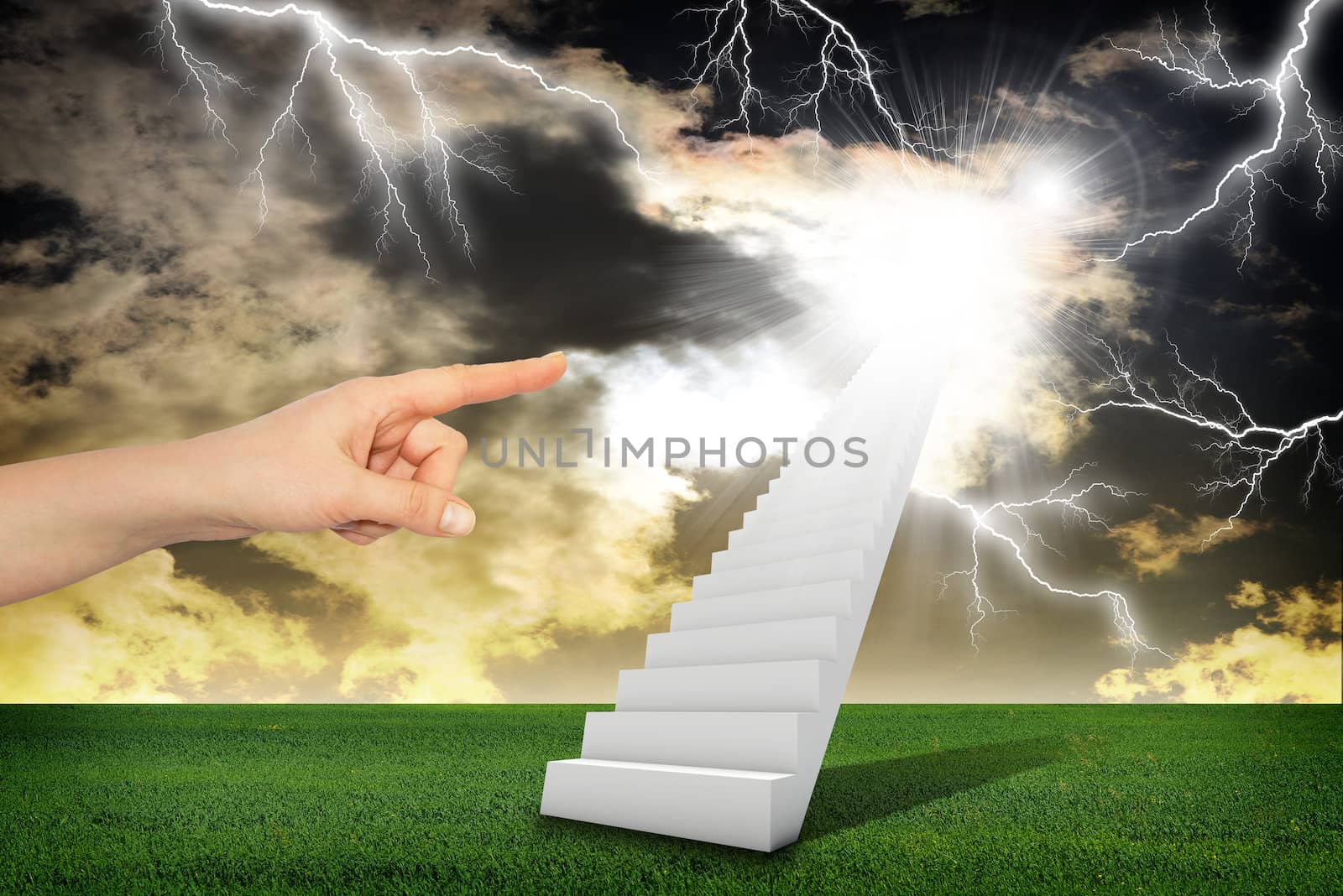 Finger indicates stairway with green grass and thunderstorm. Concept background