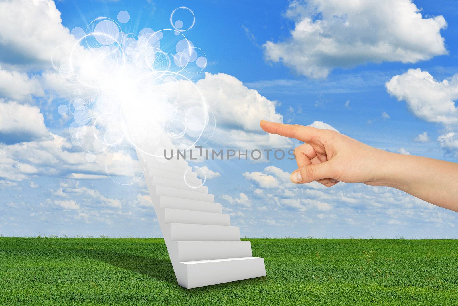 Finger indicates stairway to heaven with clouds and sun. Concept background