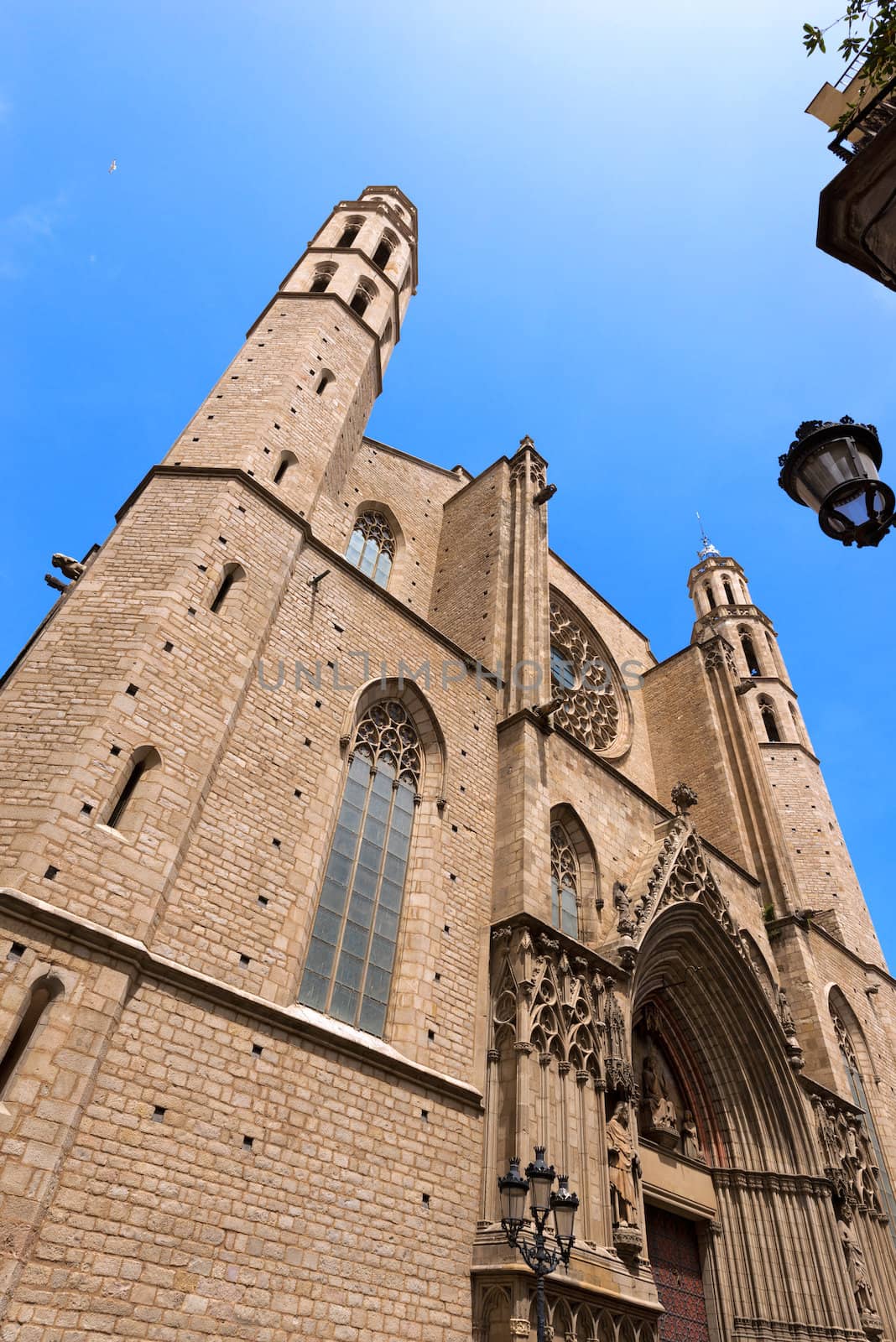 Facade of the Basilica of Santa Maria del Mar (1329-1383) in Catalan Gothic style in Barcelona, Catalonia, Spain