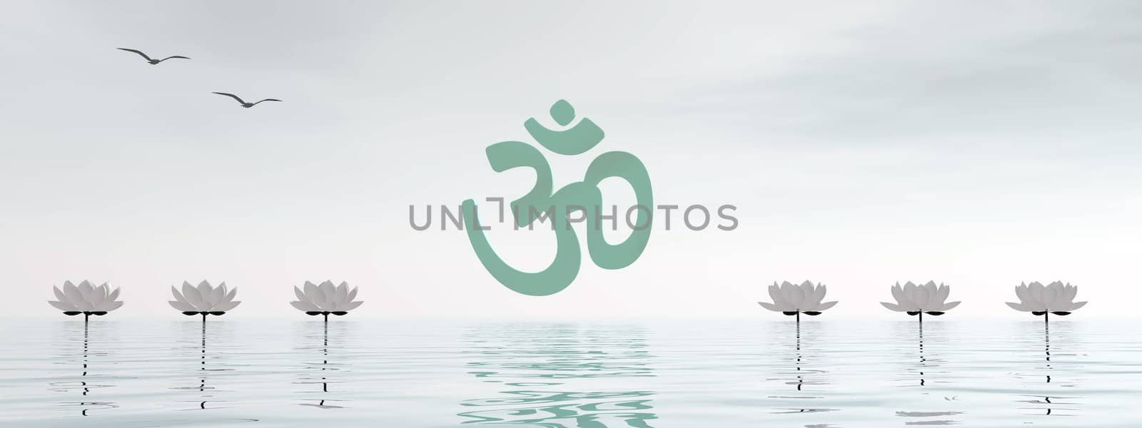 Zen aum upon white lily flowers and water- 3D render