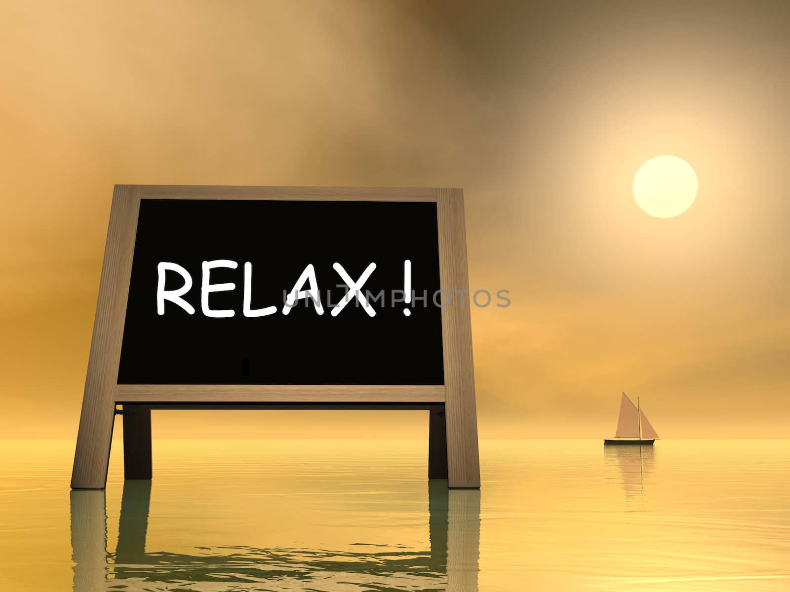 Relax message on blackboard upon water with sailing boat in the background by sunset