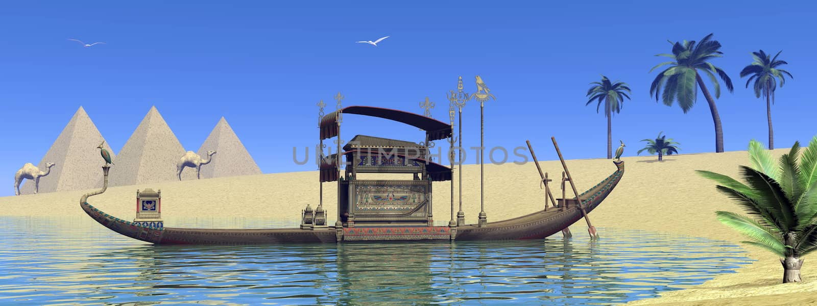 Tomb on sacred barge floating on the water next to sand and pyramids in Egypt - 3D render